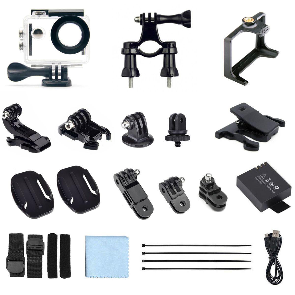 Zestaw akcesoriów do aparatu, w tym różne mocowania, etui ochronne i kabel ładujący.