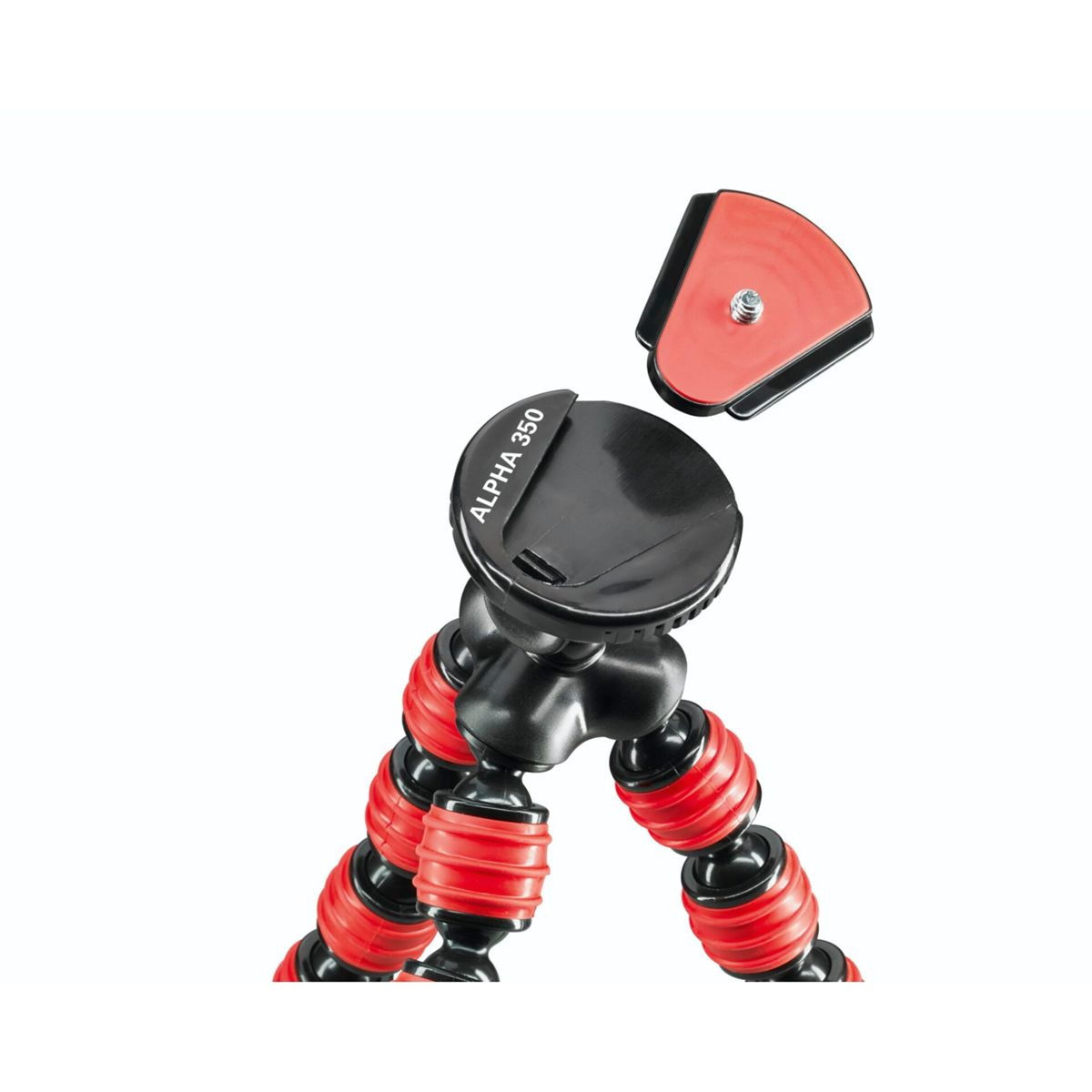 Czarny i czerwony statyw z elastycznymi nogami. Odpinana czerwona płytka na górze.