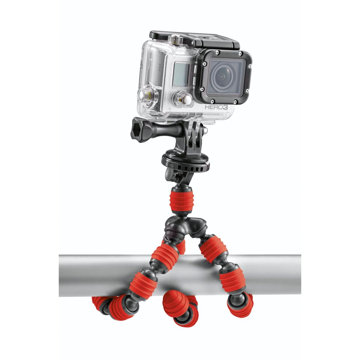 Kamera GoPro w przezroczystej obudowie na elastycznym statywie, czerwono-czarna, białe tło.