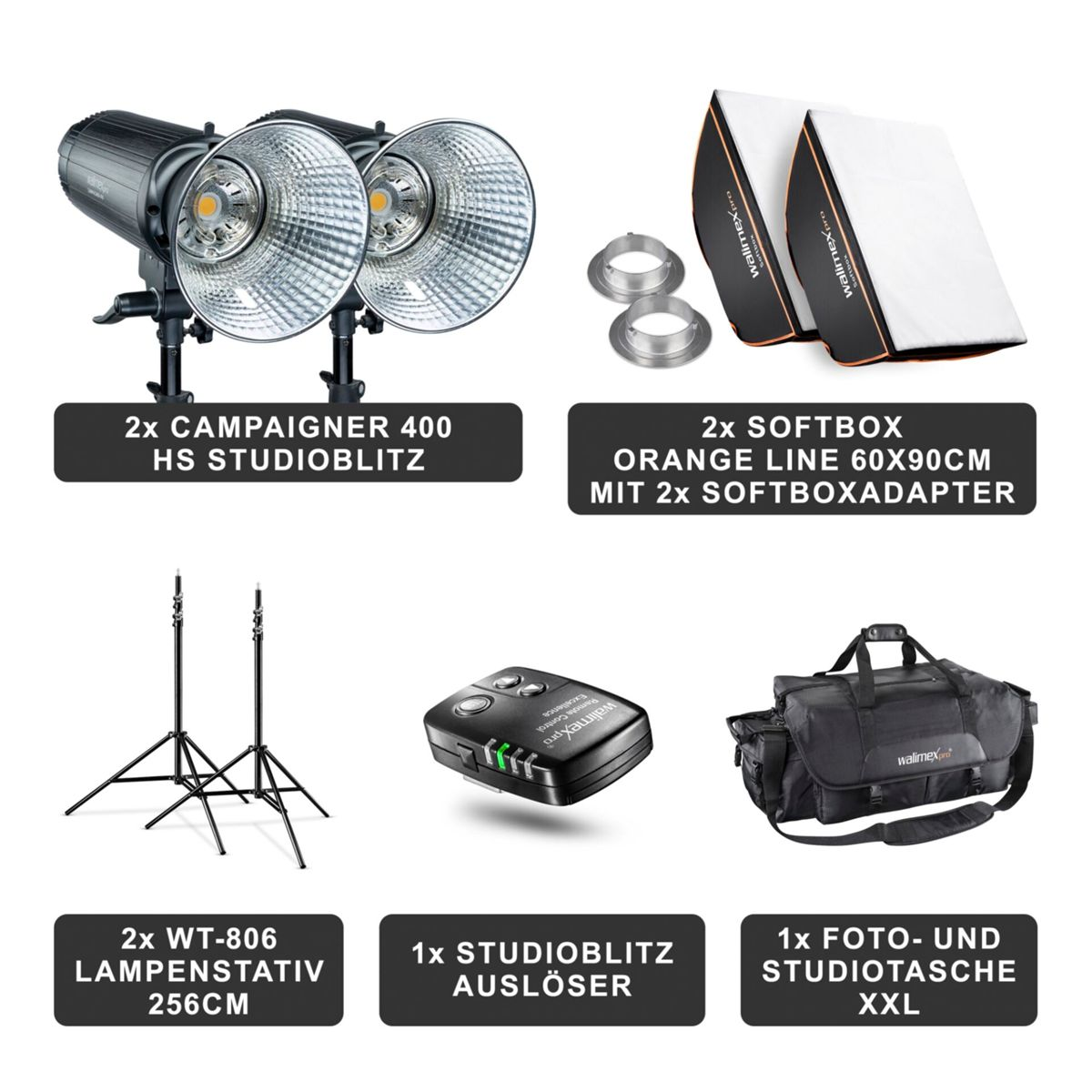 Fotoausrüstung mit Lichtern, Softboxen, Stativen, Fernbedienung und Tragetasche.