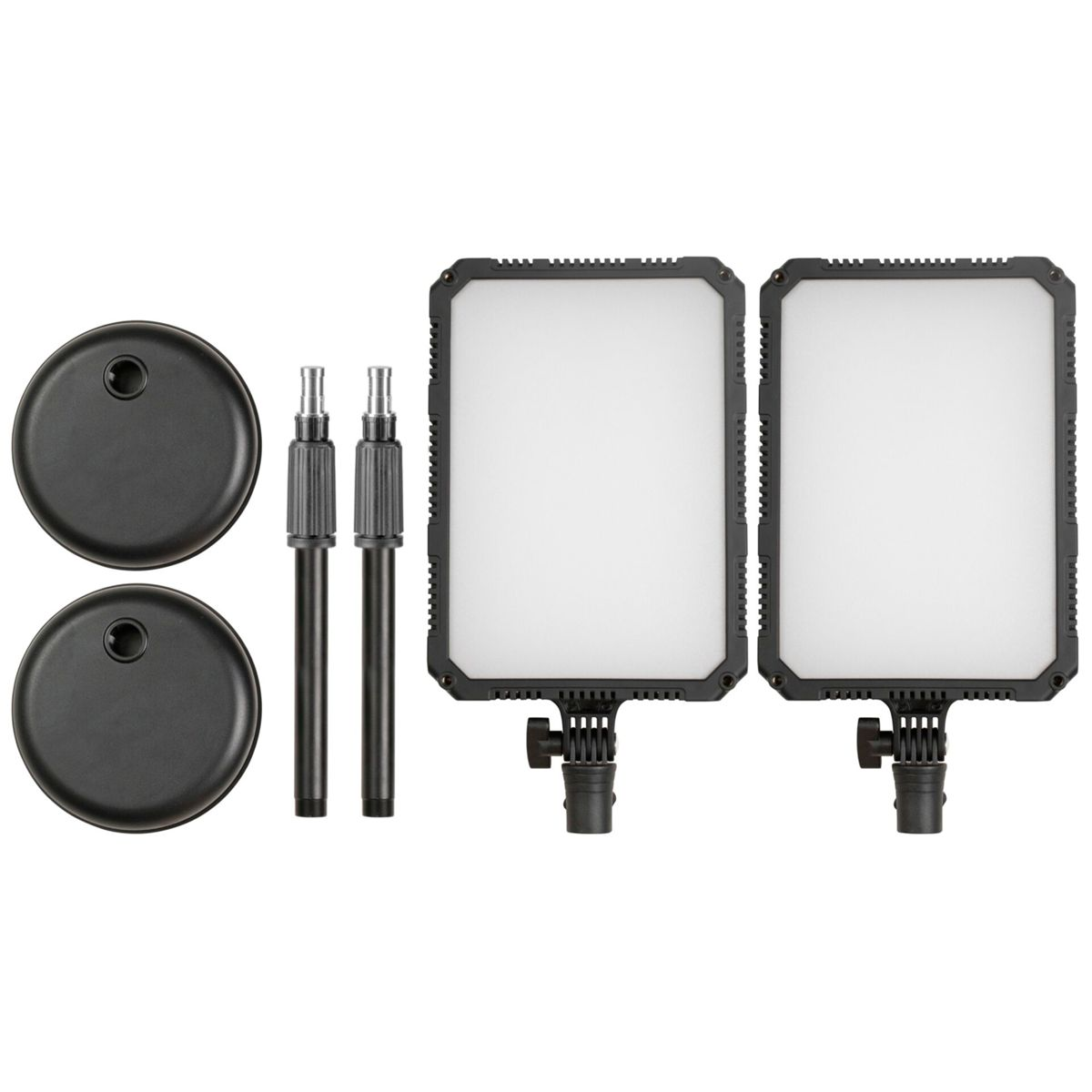 Zwei LED-Leuchtpaneele mit Ständern. Jedes Panel hat ein helles weißes Licht und einen Rahmen darum.