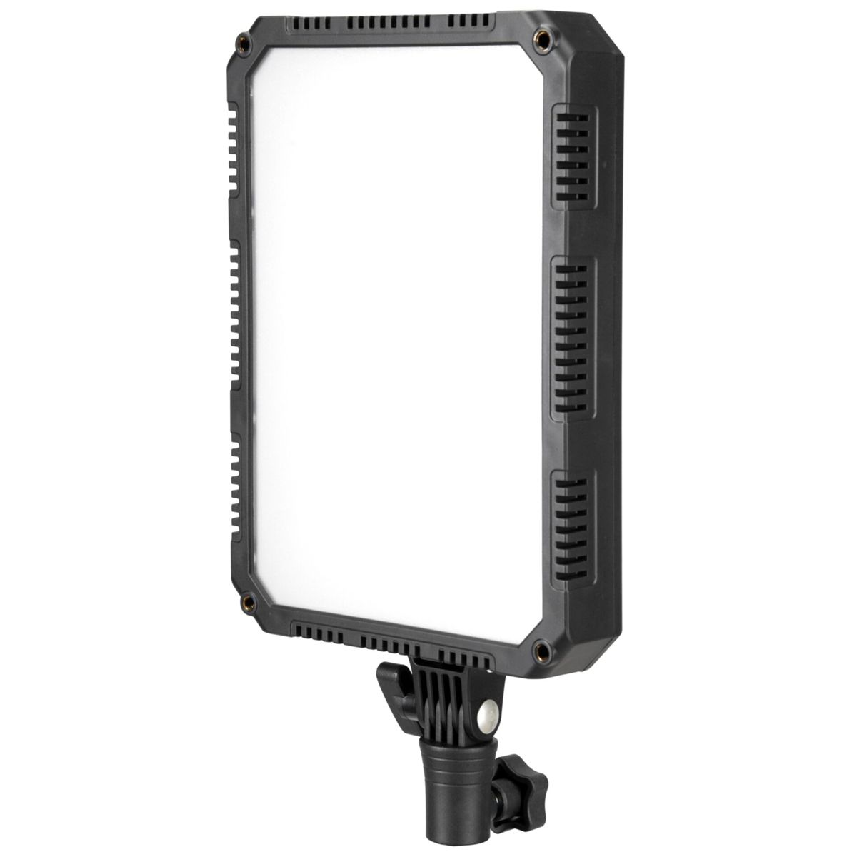Schwarzes LED-Lichtpanel. Es hat ein weißes Licht, einen schwarzen Rahmen und eine Ständerbefestigung.