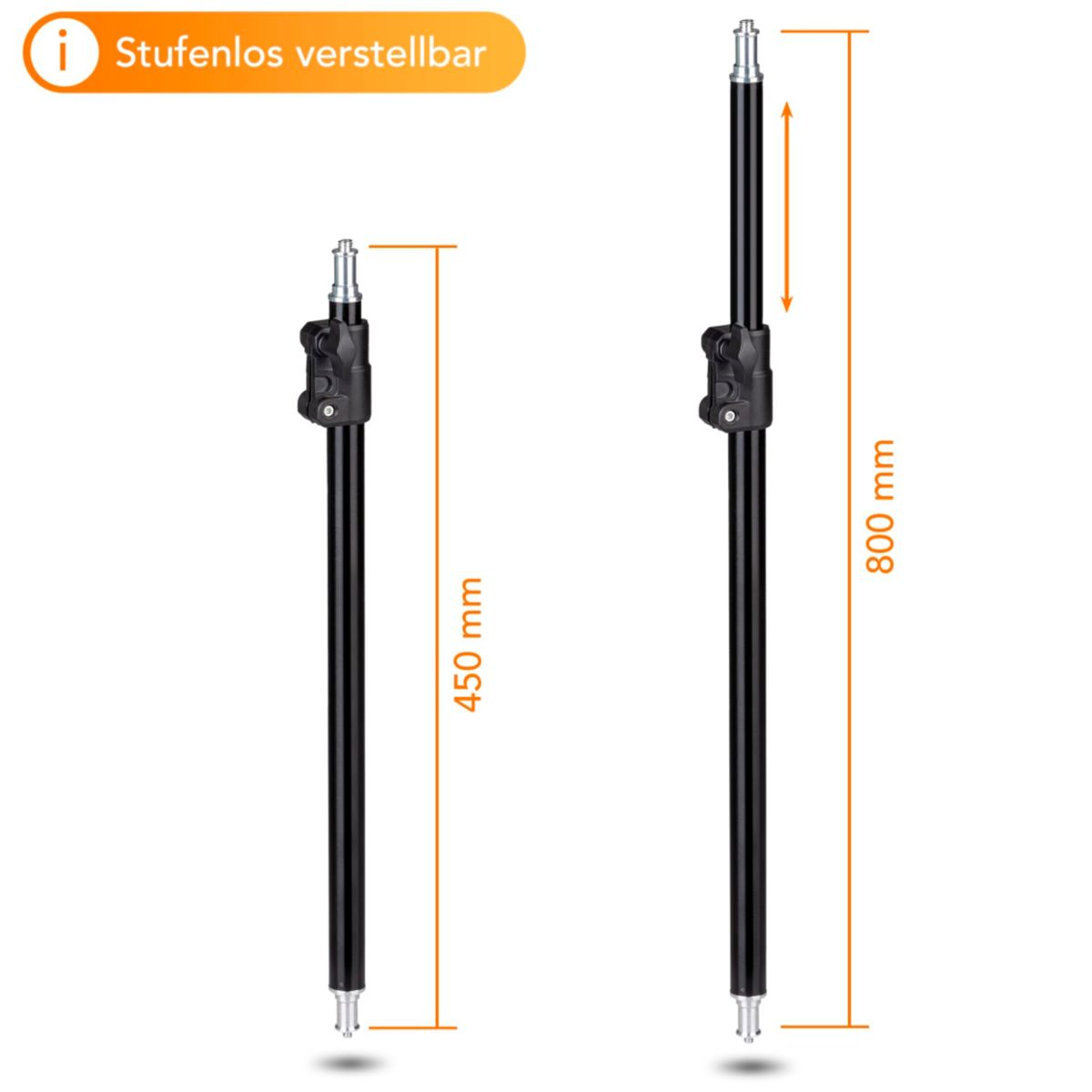 Due aste nere estensibili, una estesa a 800 mm, l'altra a 450 mm. Il testo indica la regolabilità.