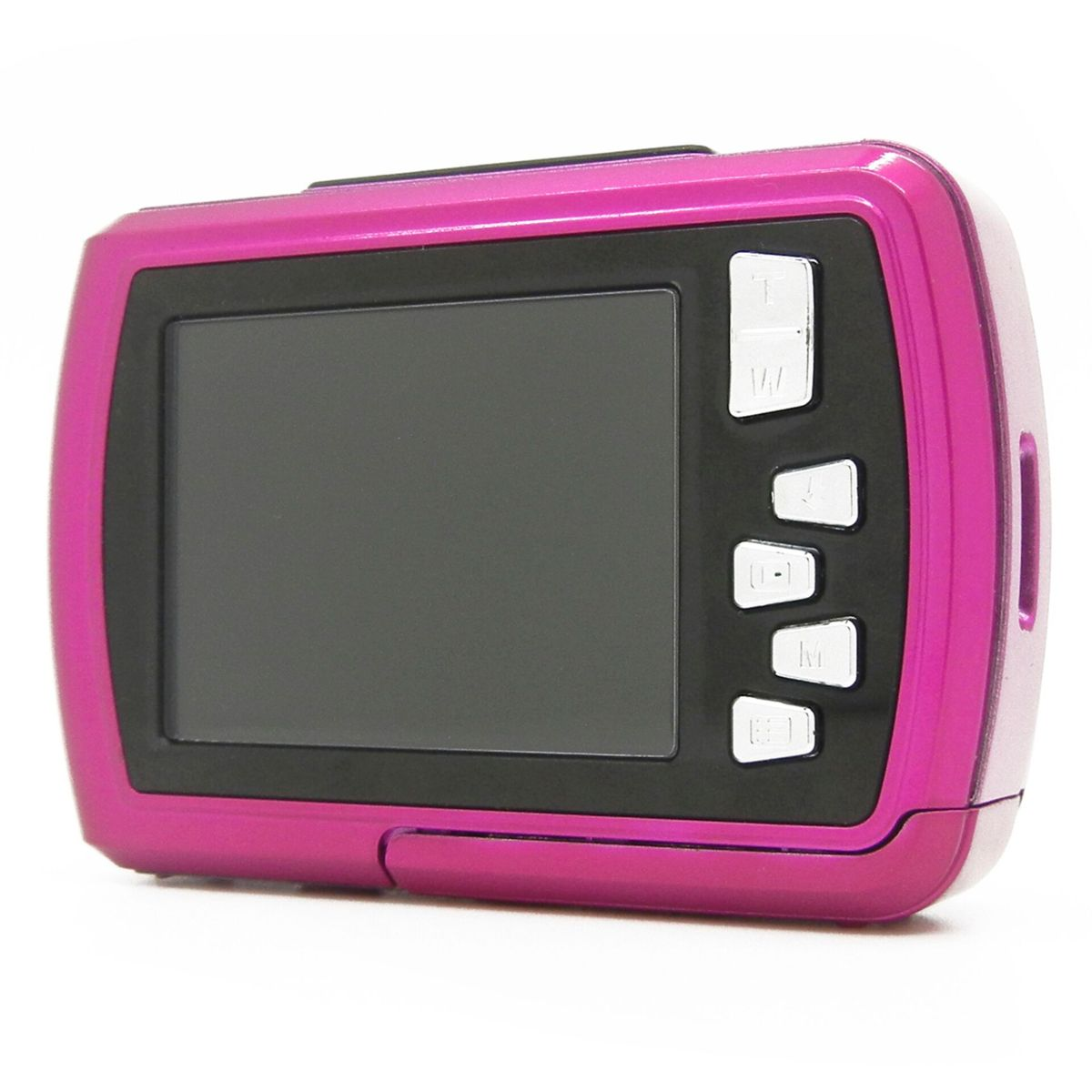 Cámara digital rosa con pantalla grande y botones, ligeramente angulada.