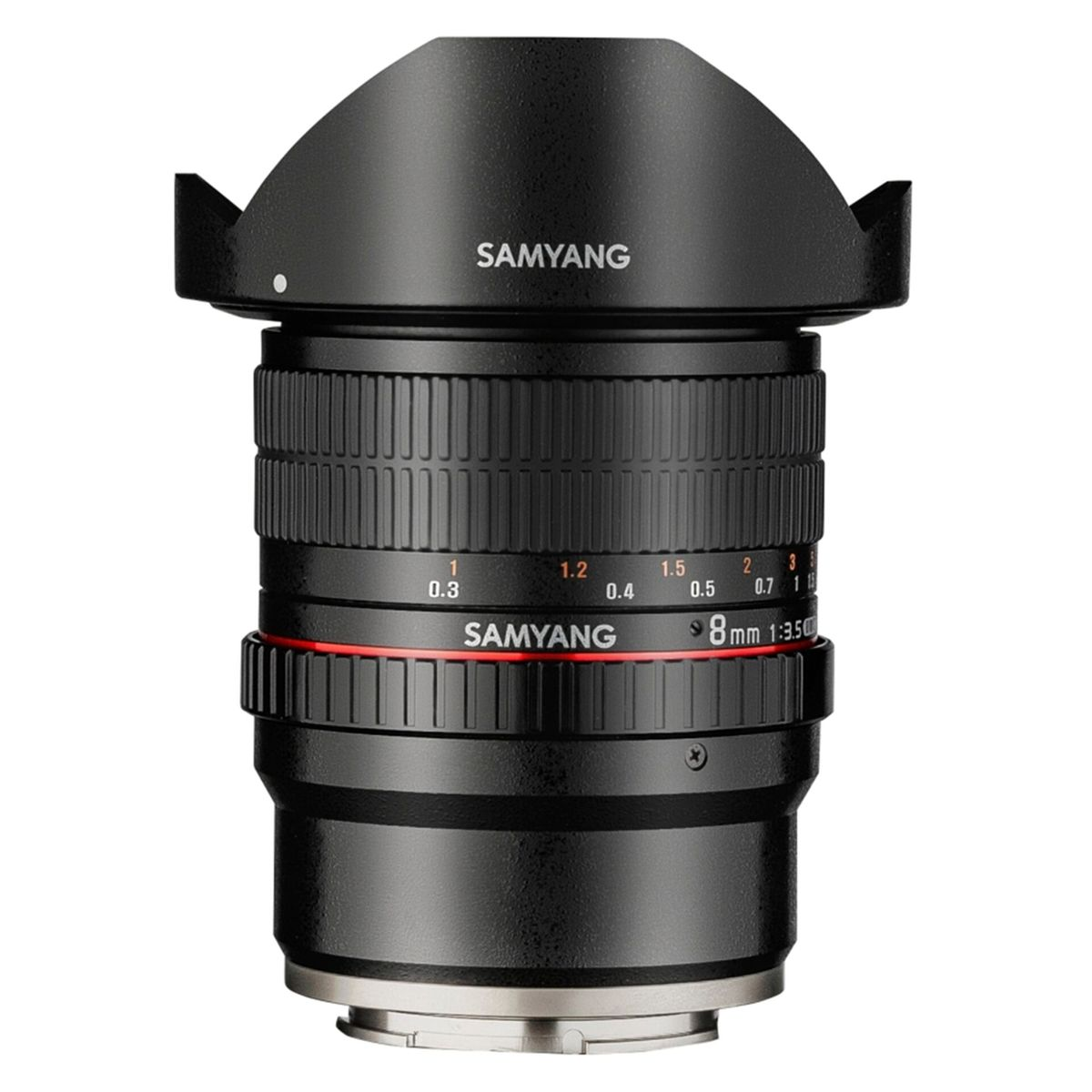 Czarny obiektyw z osłoną przeciwsłoneczną i napisem SAMYANG w kolorze białym.