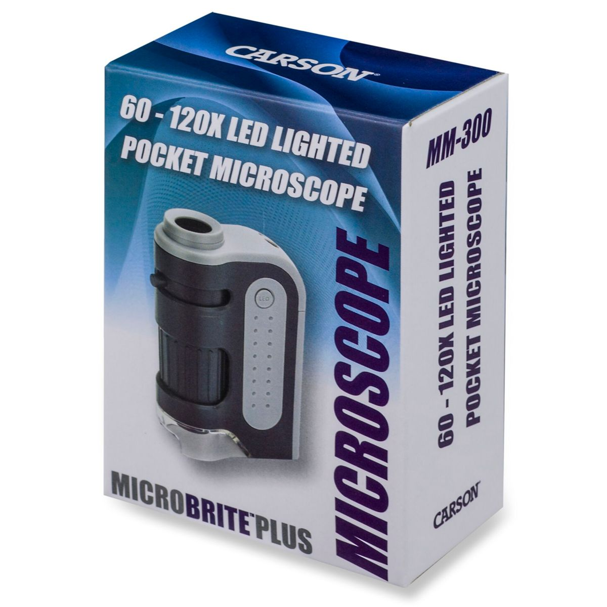 Ein verpacktes Taschenmikroskop, schwarz und weiß, mit dem Namen Microbrite Plus.