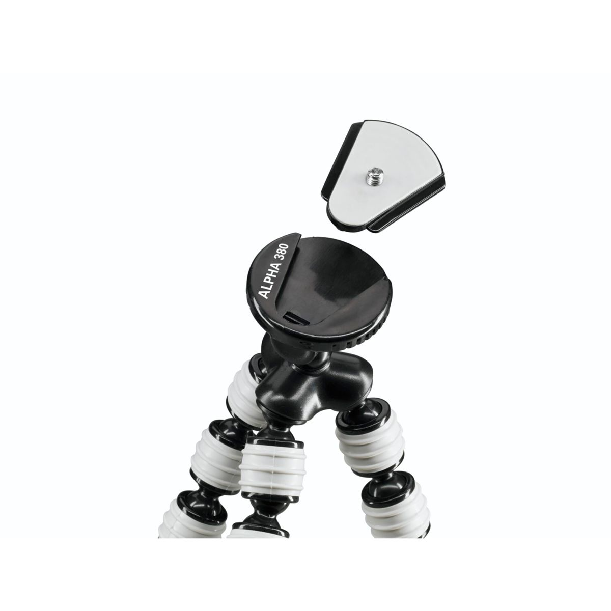 Czarny statyw z białymi i czarnymi elastycznymi nogami i odłączoną głowicą.