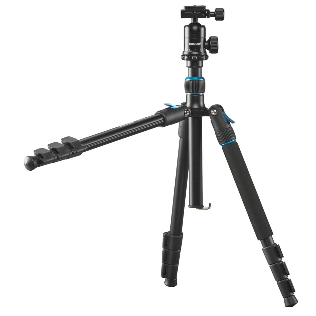 Ein schwarzes Stativ mit blauen Akzenten vor weißem Hintergrund.