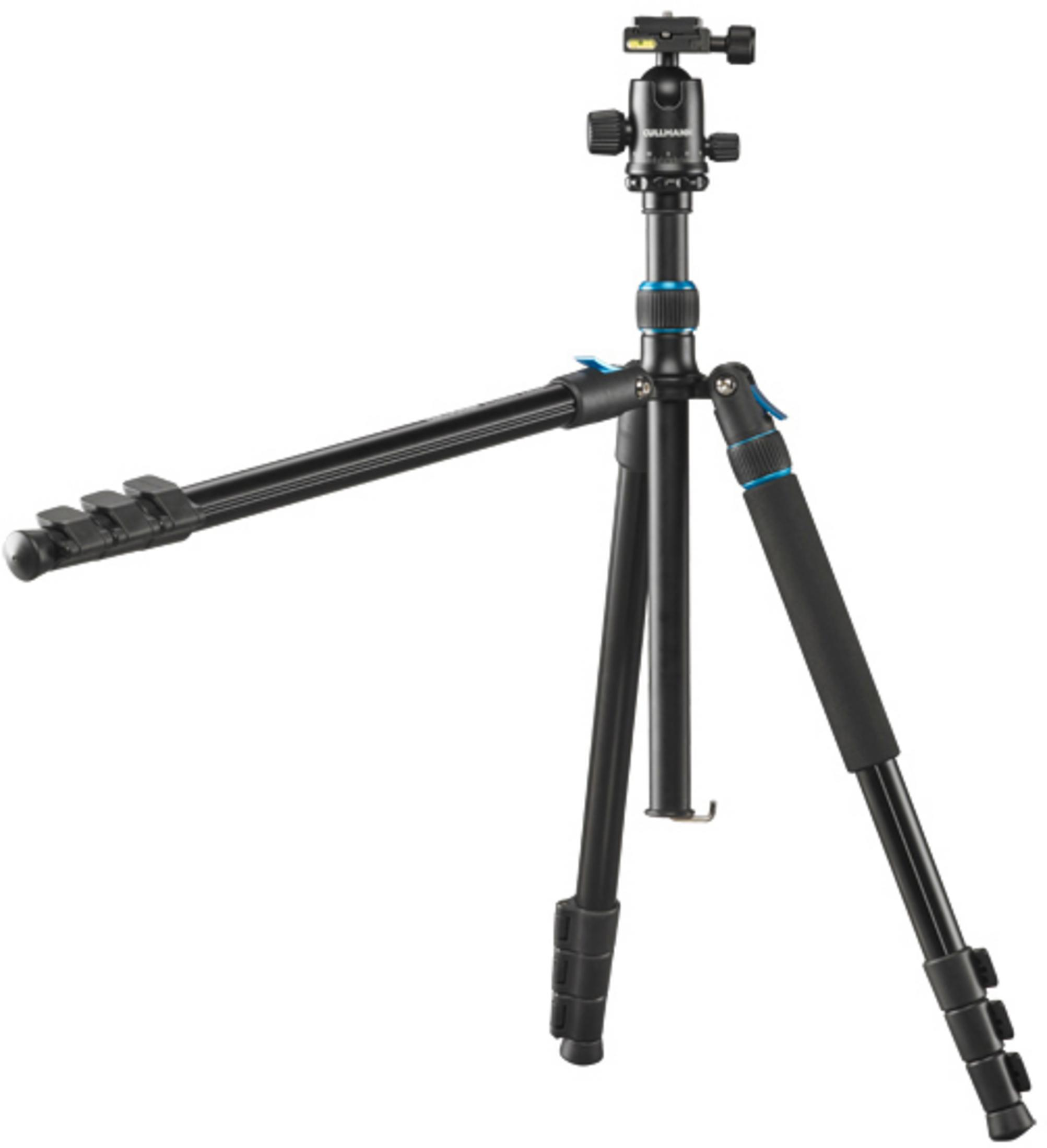 Czarny statyw z trzema rozłożonymi nogami i głowicą kulową.