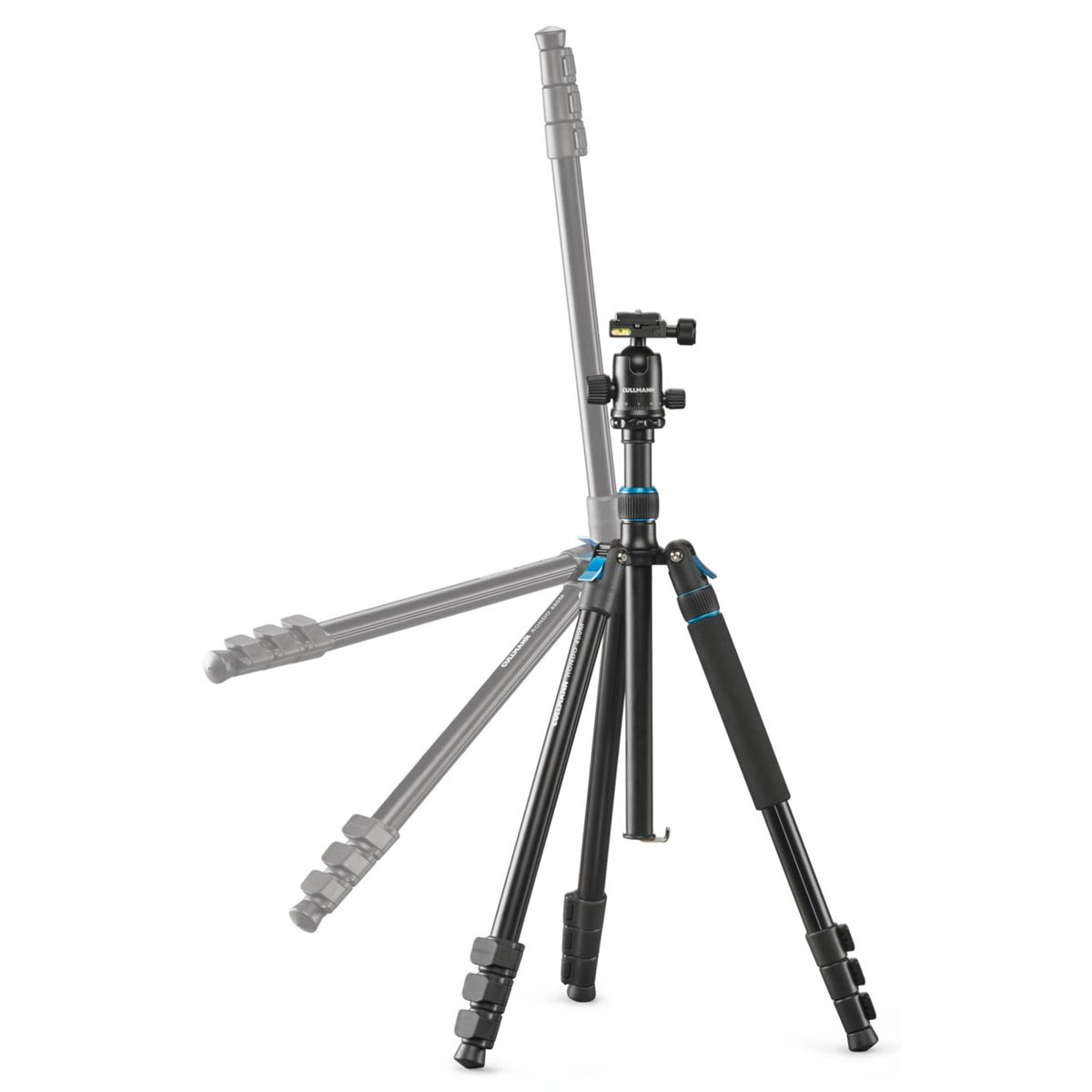 Czarny i niebieski statyw z głowicą i nogami aparatu, z efektem rozmycia ruchu.