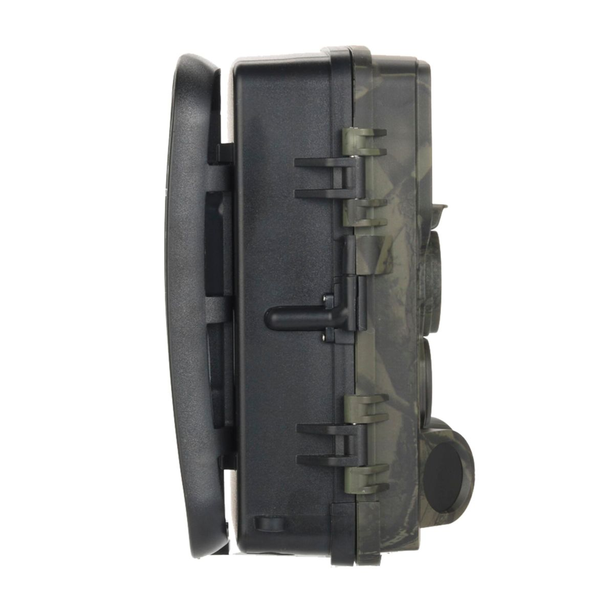 Czarny i niebieski odkurzacz na białym tle, skierowany w lewo.