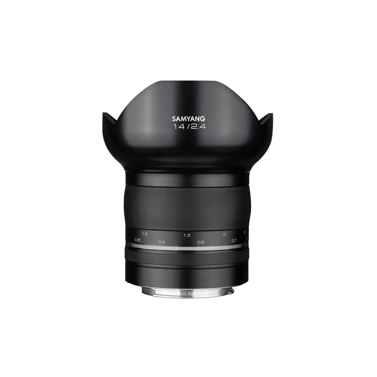 Schwarzes Kameraobjektiv mit der Aufschrift "SAMYANG 14/2.4" oben.