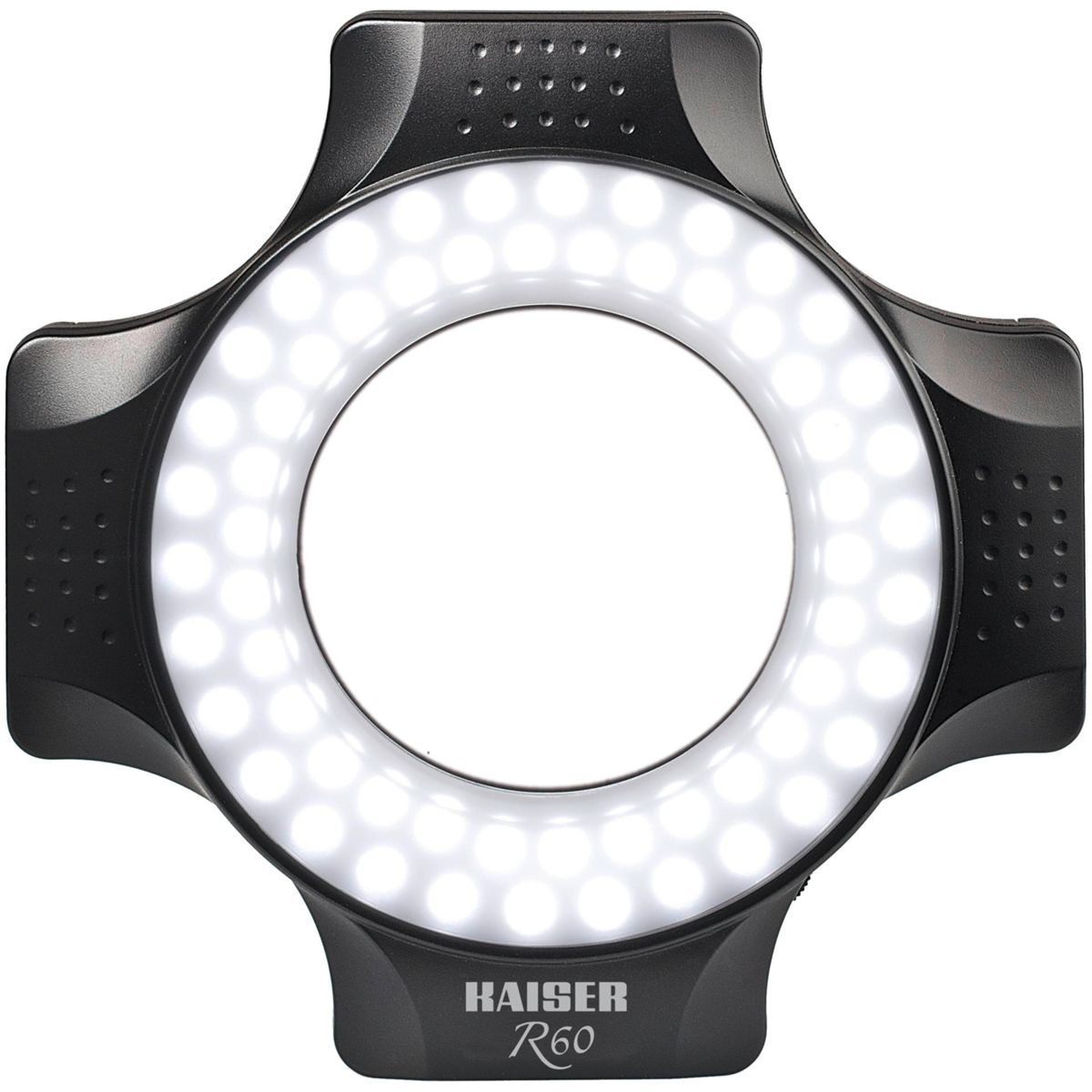 Schwarzes Ringlicht mit weißen LEDs. Der Markenname 'KAISER R60' steht unten.