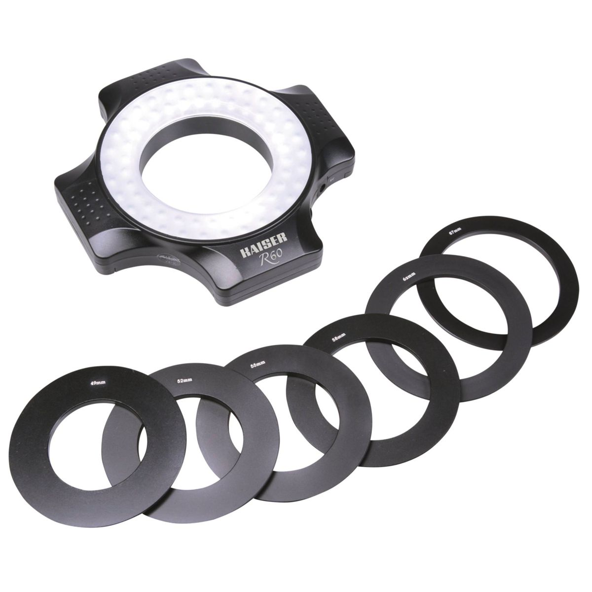 Ringlicht mit Filtern auf weißem Hintergrund, schwarz mit weißem Licht.