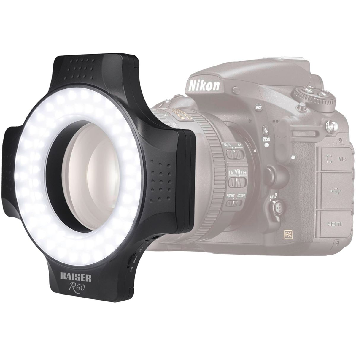 Ringlicht für eine Kamera. Schwarz mit weißen LEDs und eine Nikon Kamera.