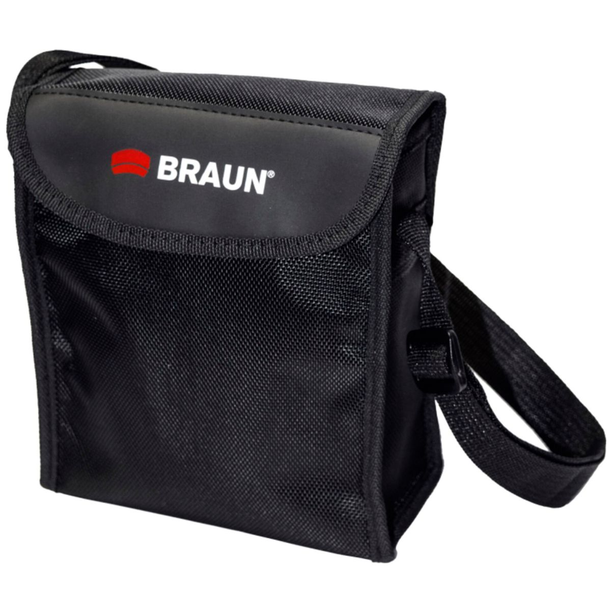 Eine schwarze BRAUN-Tasche mit Schultergurt. Das BRAUN-Logo ist rot sichtbar.