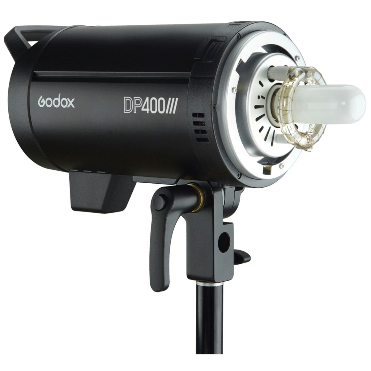 Luce da studio nera con il testo 'godox' e 'DP400III'. È su un supporto.