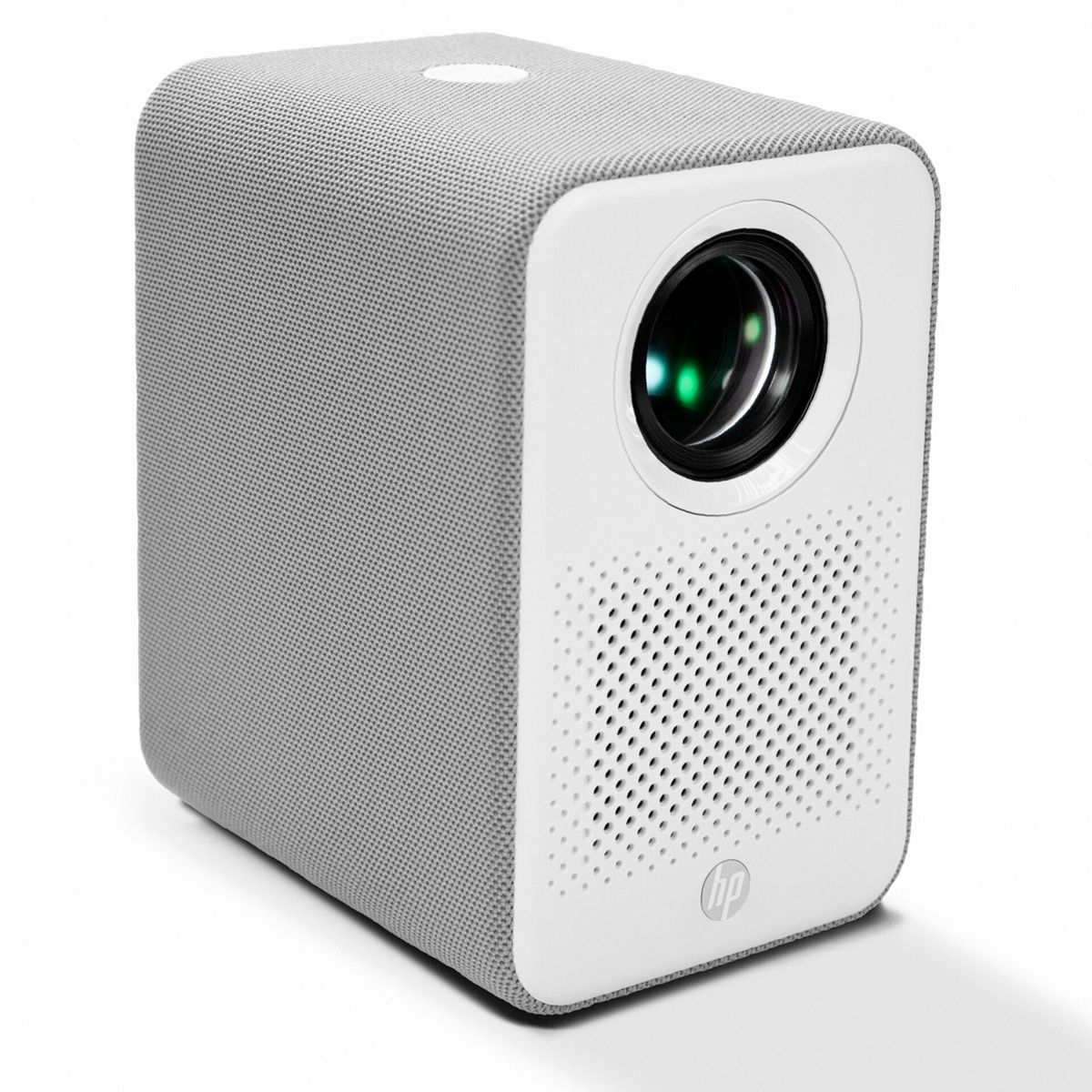 Weiß-grauer HP-Projektor auf Weiß. Es hat ein Objektiv und ein Lautsprechergitter.