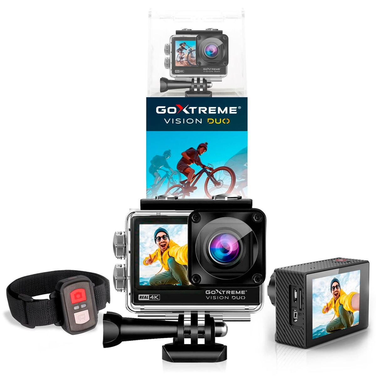 Zestaw kamery sportowej GoXtreme Vision Duo z kamerami, pilotem i akcesoriami na białym tle.