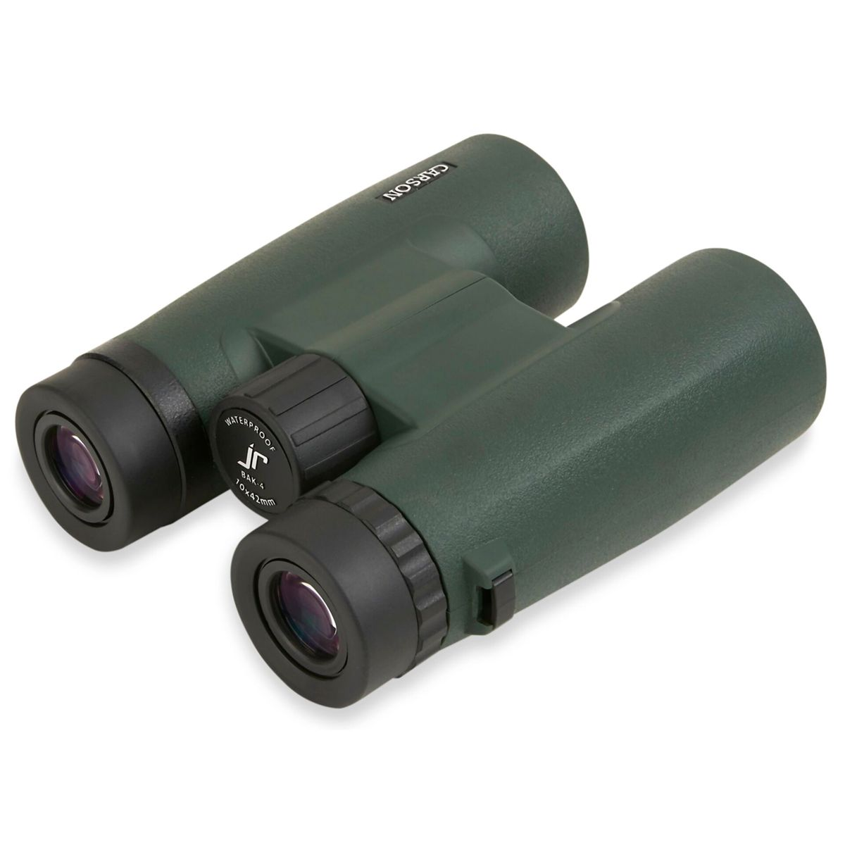 Zielona lornetka. Czarne soczewki. Czarne pokrętło do ustawiania ostrości. Białe tło.