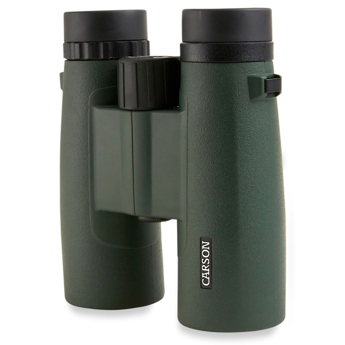 Zielona lornetka Carson z centralnym pokrętłem ostrości, czarnymi detalami i białym tłem.