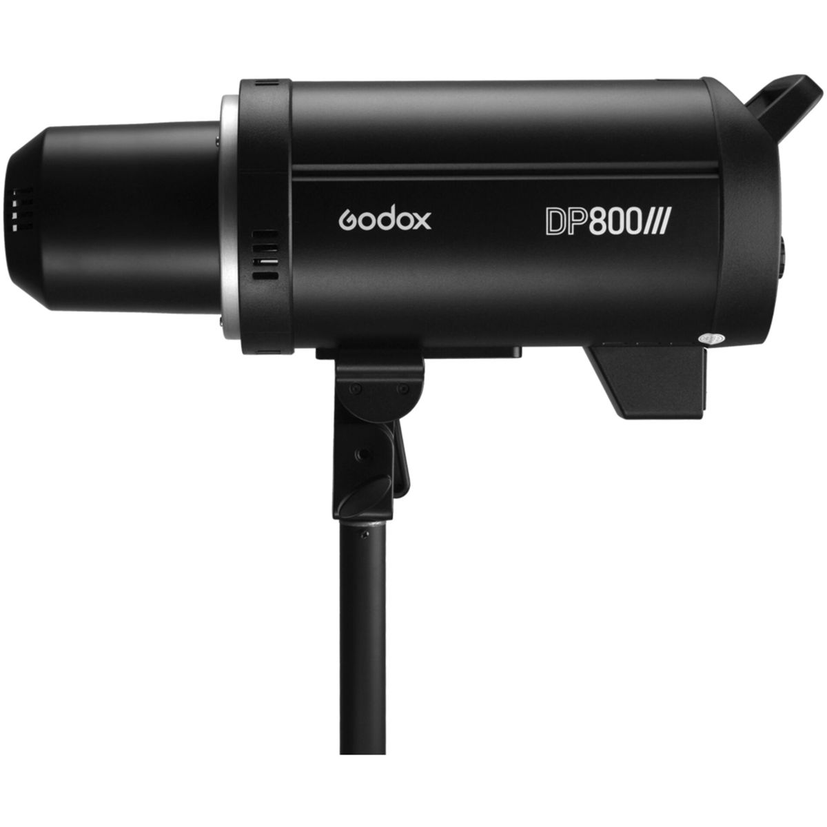 Ein schwarzer Godox DP800III Studioblitz mit einem Ständer.