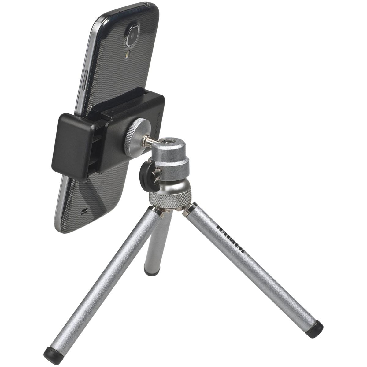 Ein Smartphone, das auf einem silbernen Stativ montiert ist und von einem schwarzen Telefonclip gehalten wird.