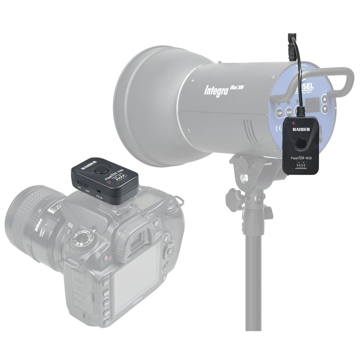 Kamera mit Blitzauslöser. Kaiser FlashTrig 16R an Kamera und Licht. Weißer Hintergrund.