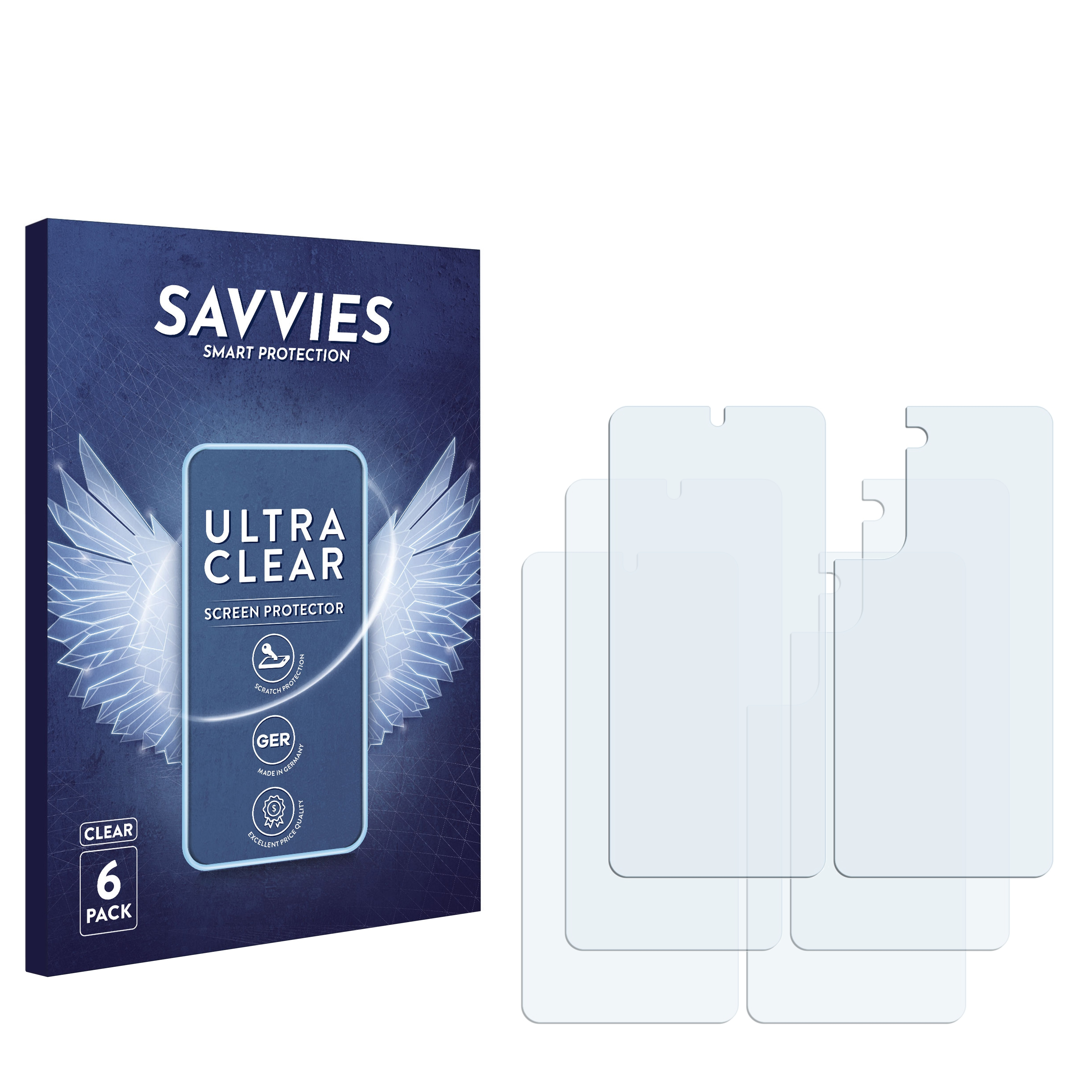 Eine Box mit Displayschutzfolien und mehrere transparente Schutzfolien. Text: SAVVIES SMART PROTECTION ULTRA CLEAR.