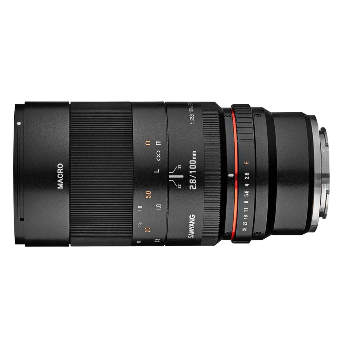 Czarny obiektyw makro Samyang 2.8/100mm. Ma pierścienie ostrości i przysłony z oznaczeniami.
