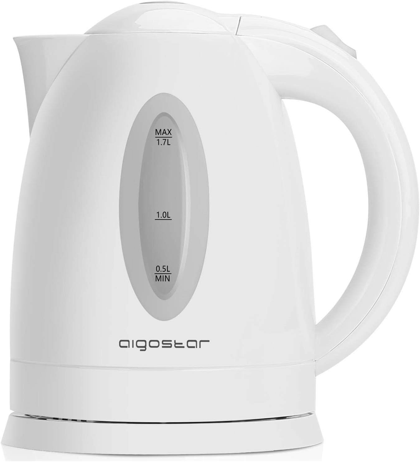 Weißer elektrischer Wasserkocher mit Wasserstandsanzeige und der Marke Algostar.