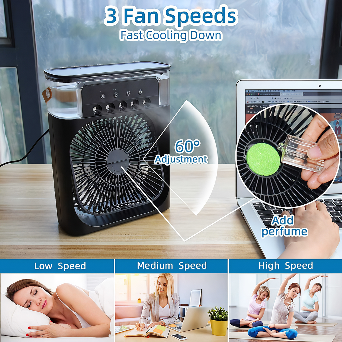 Ventilador negro con tres ajustes de velocidad. Personas en el fondo realizan actividades.