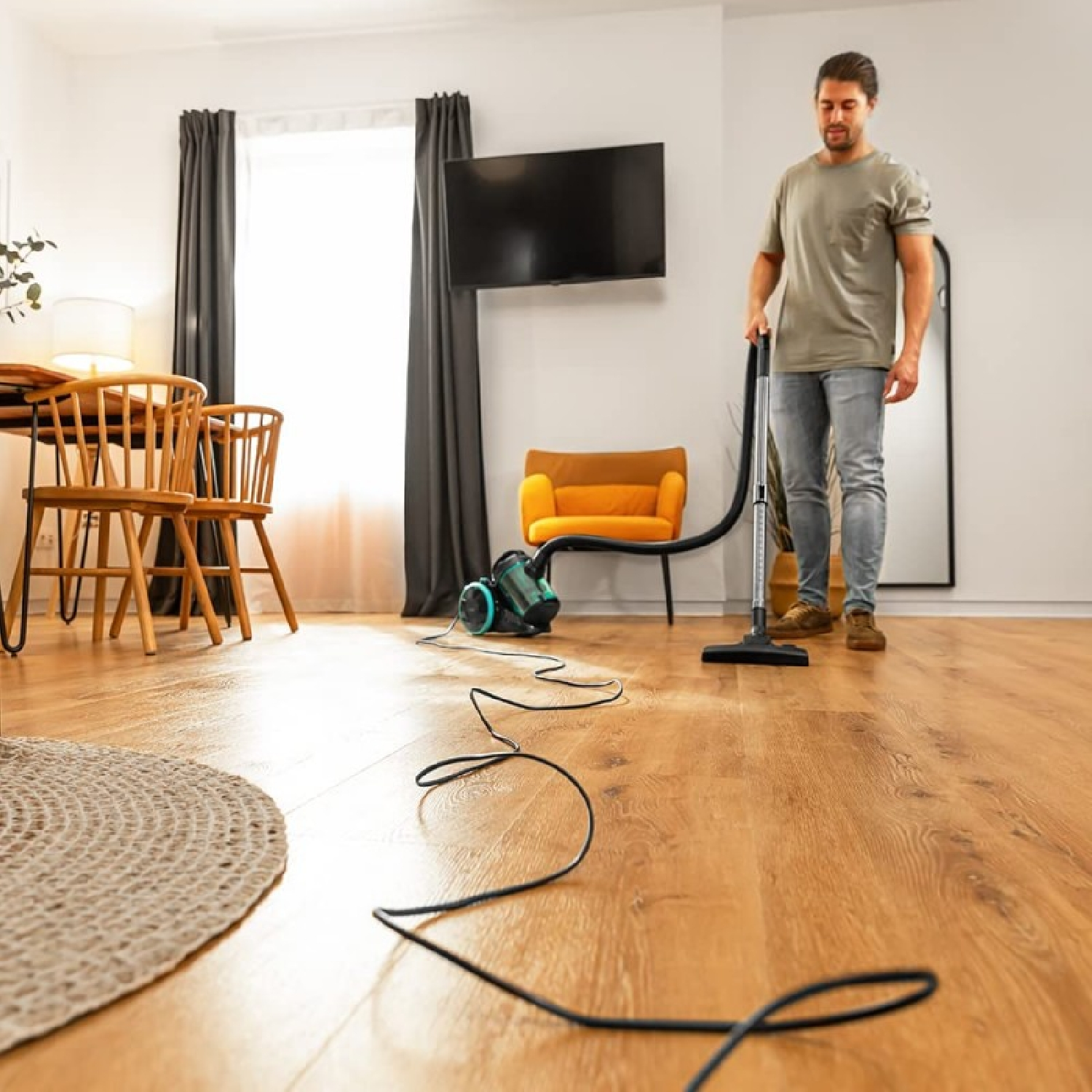 Mężczyzna odkurza salon z drewnianą podłogą. Zawiera telewizor, lustro i meble. Widoczny kabel od odkurzacza.