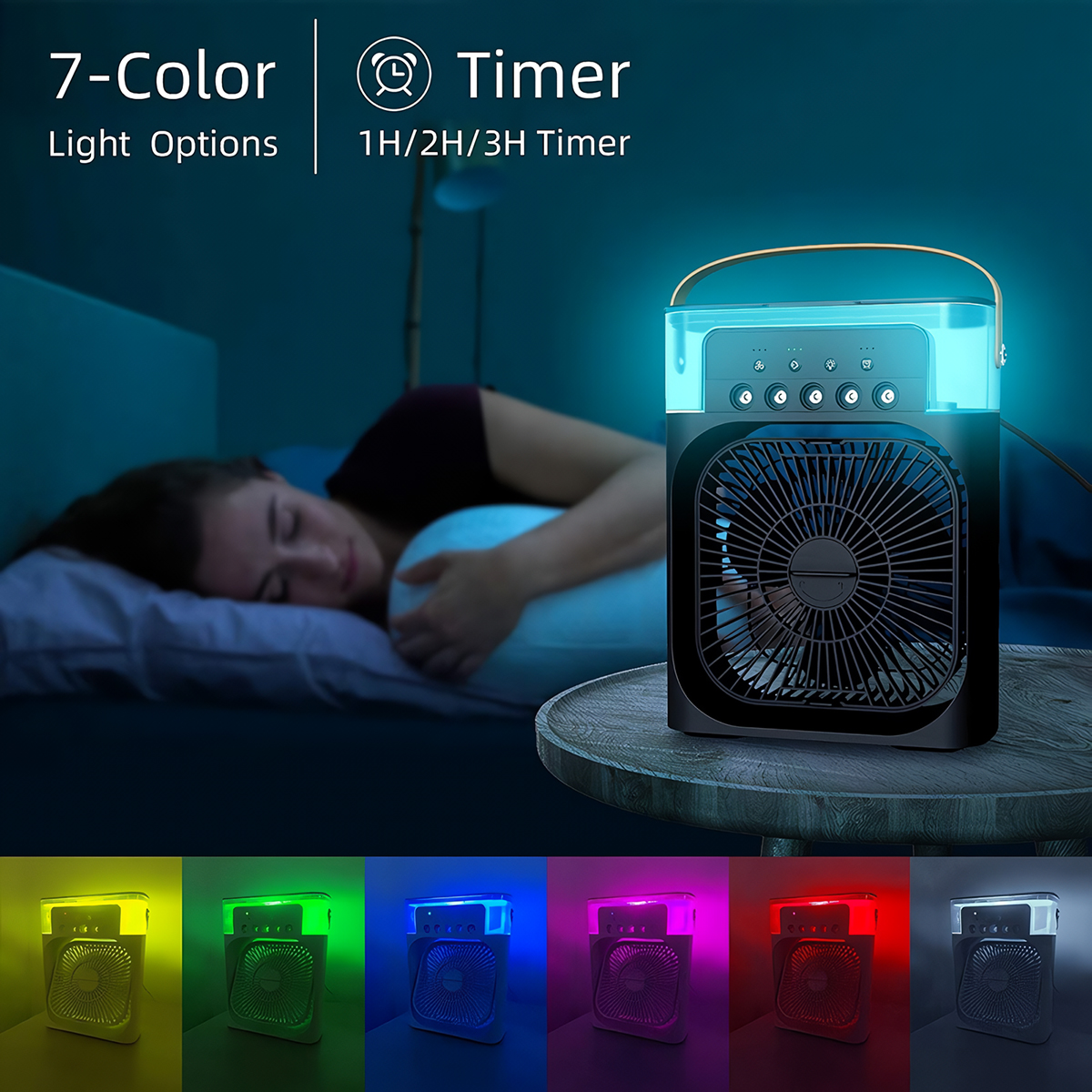 Ventilador negro con luces de 7 colores y una persona durmiendo en una habitación oscura.