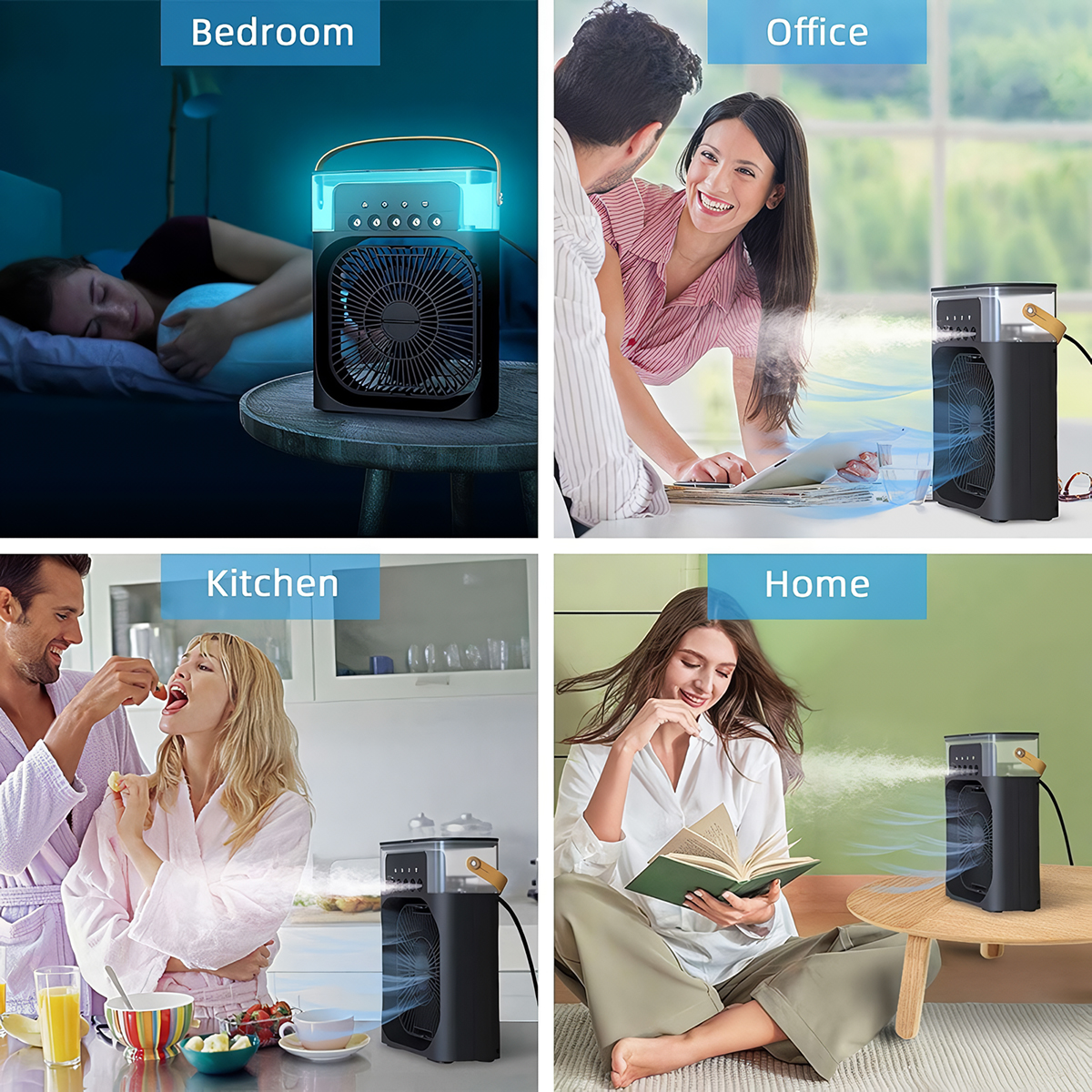 Cuatro escenas: dormitorio, oficina, cocina y hogar, cada una con un ventilador.