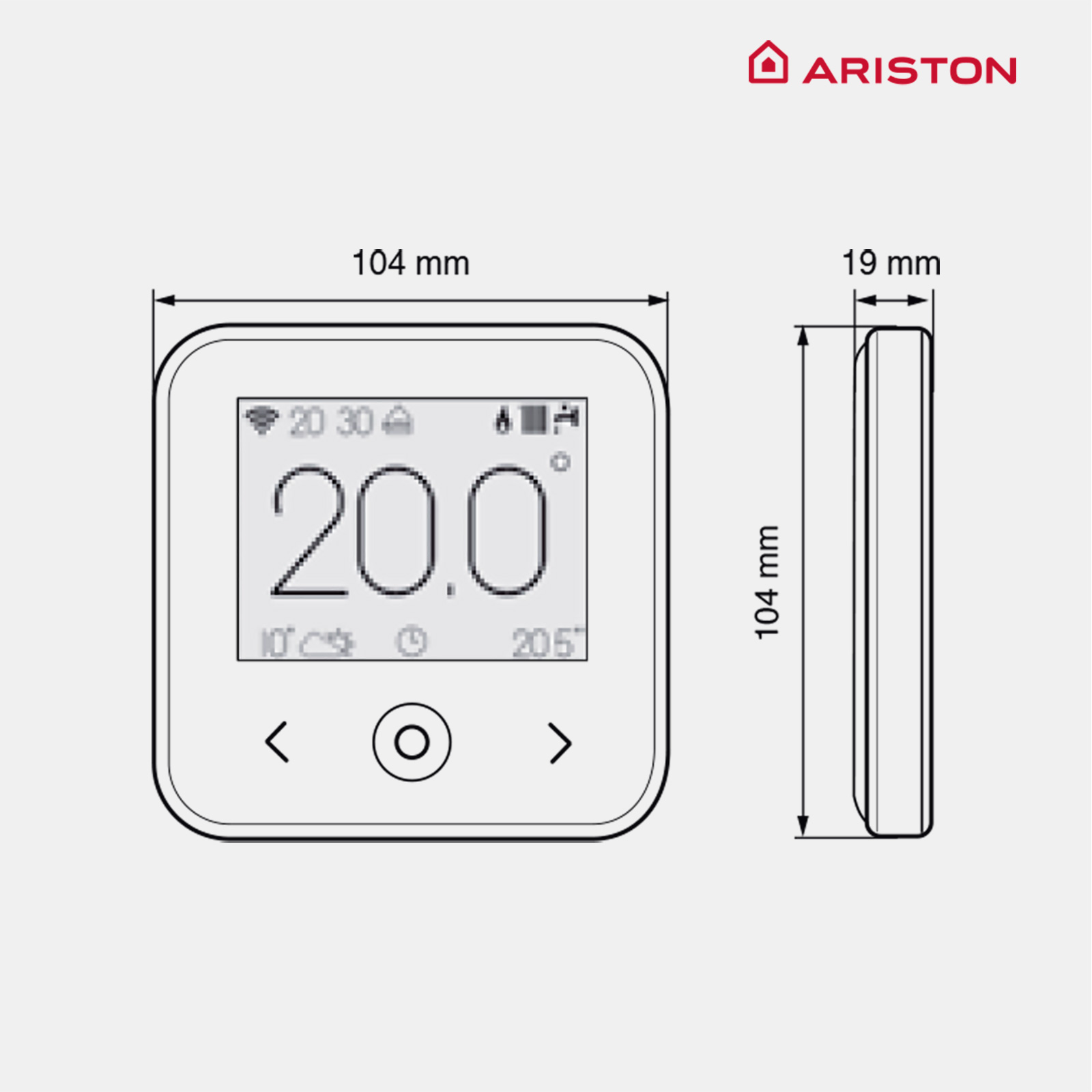 Diagrama de un termostato con dimensiones y el logo 'ARISTON'.