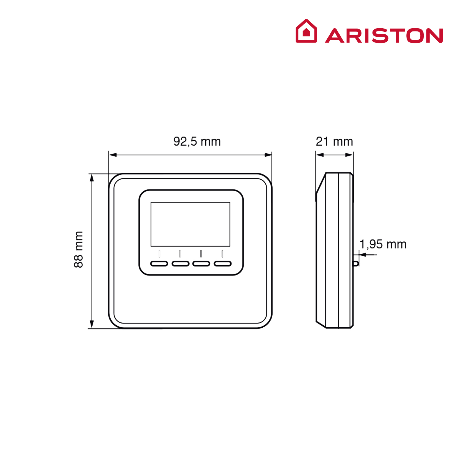Diagrama de un termostato, medidas mostradas, logo Ariston.