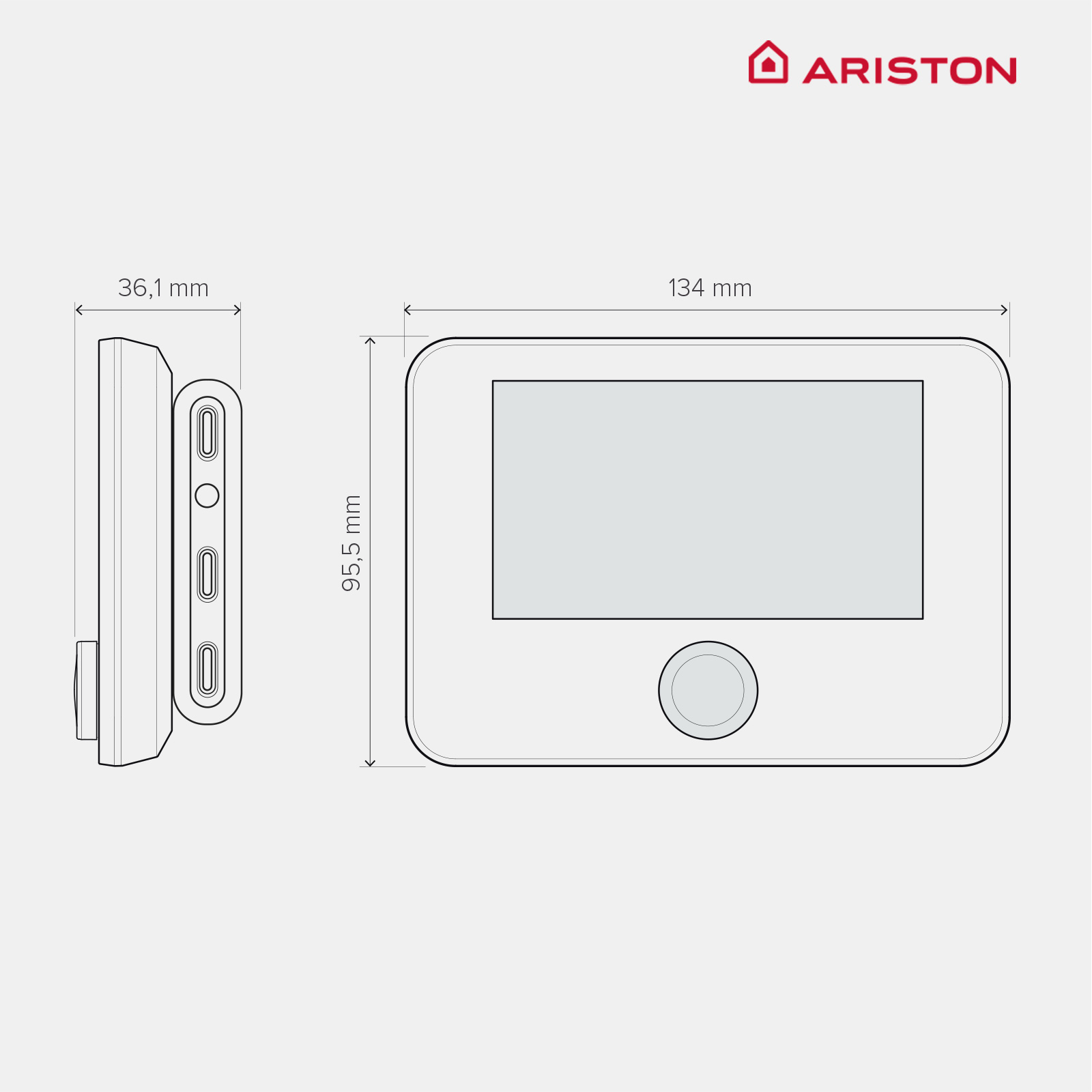 Diagrama de un termostato Ariston blanco. Tiene dimensiones y una vista lateral.