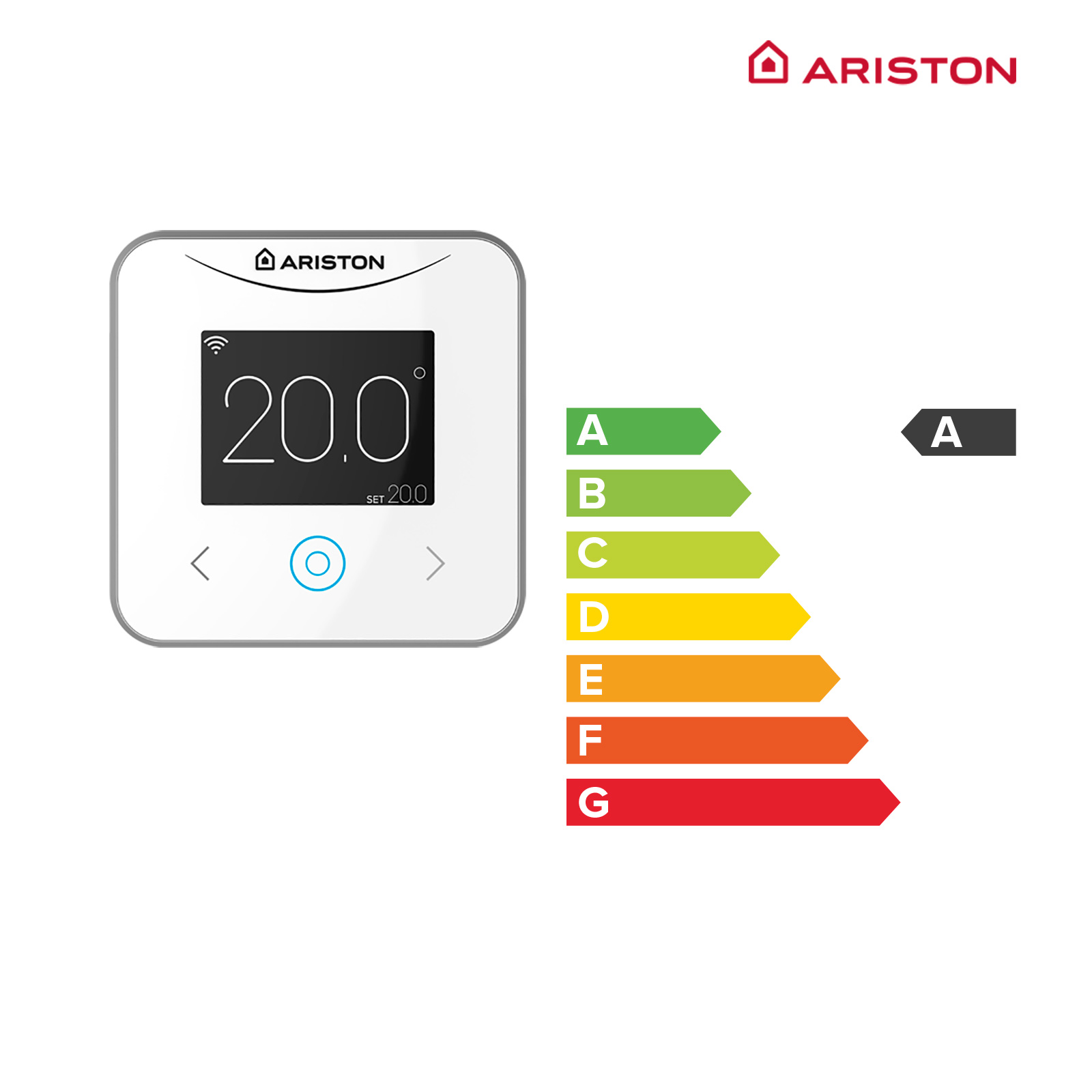 Termostato digital blanco con pantalla que muestra 20.0. Etiquetas de eficiencia energética a la derecha.