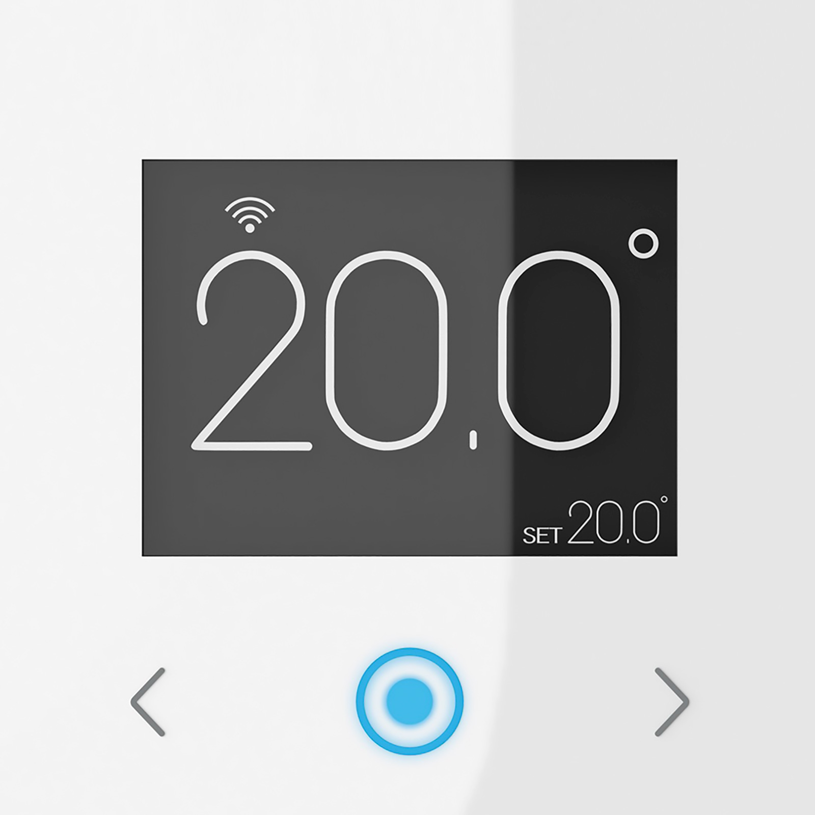 Un termostato digital que muestra 20 grados Celsius sobre un fondo blanco.