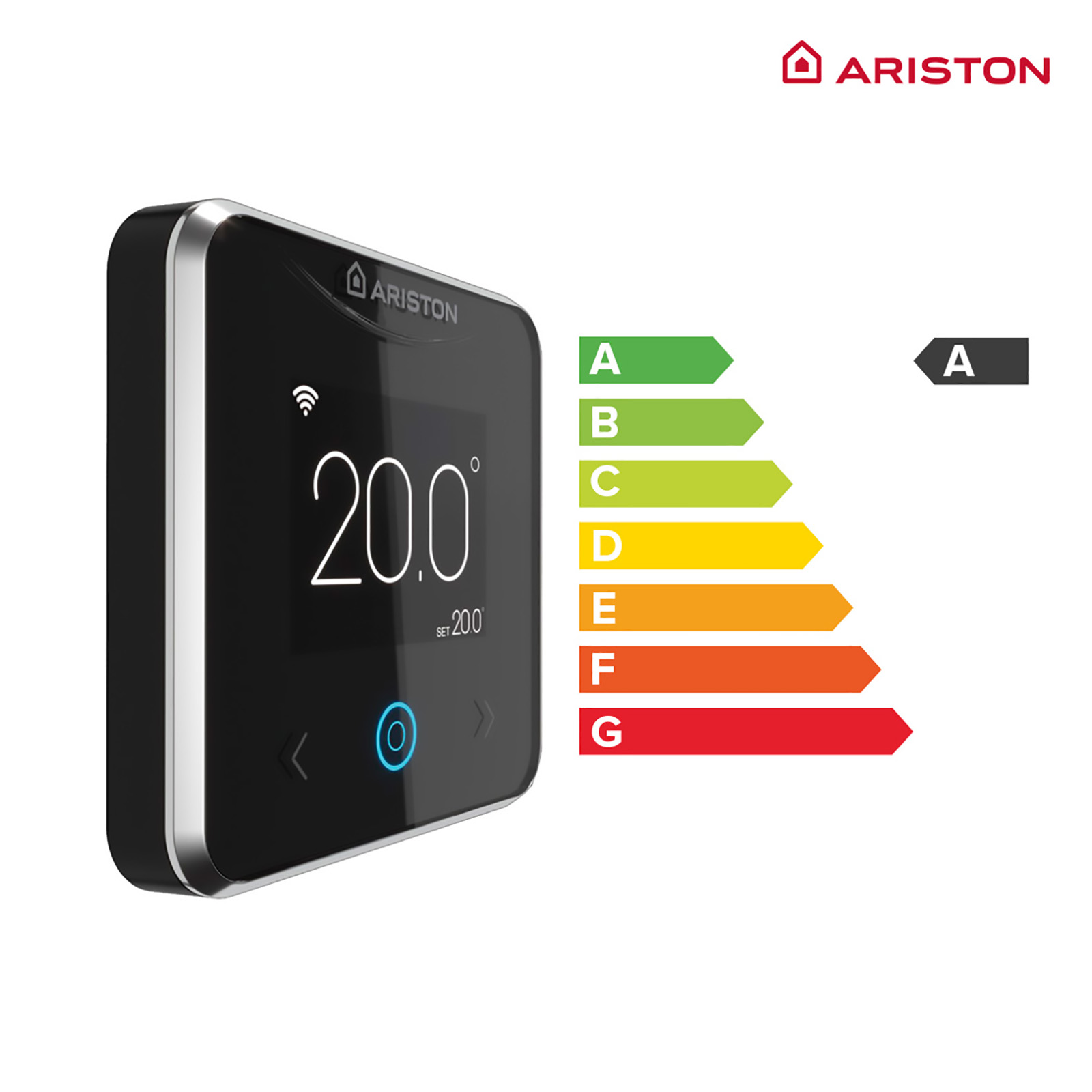 Schwarzer Ariston-Thermostat mit Bildschirm und Energieeffizienzlabels. Der Thermostat zeigt die Temperatur.