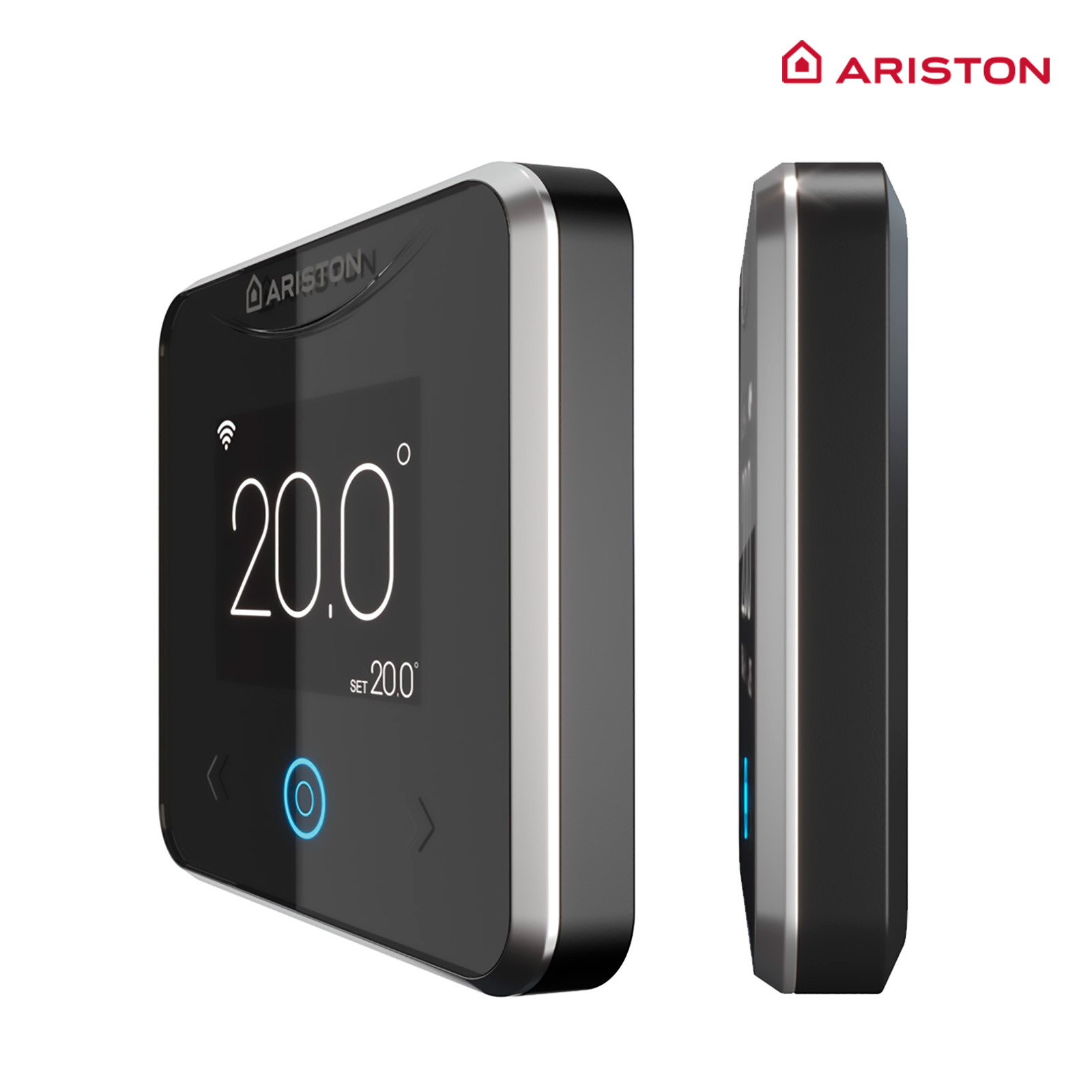 Schwarzer intelligenter Thermostat mit silbernem Rahmen. Zeigt 20,0 Grad an. Die Marke 'ARISTON' steht oben.