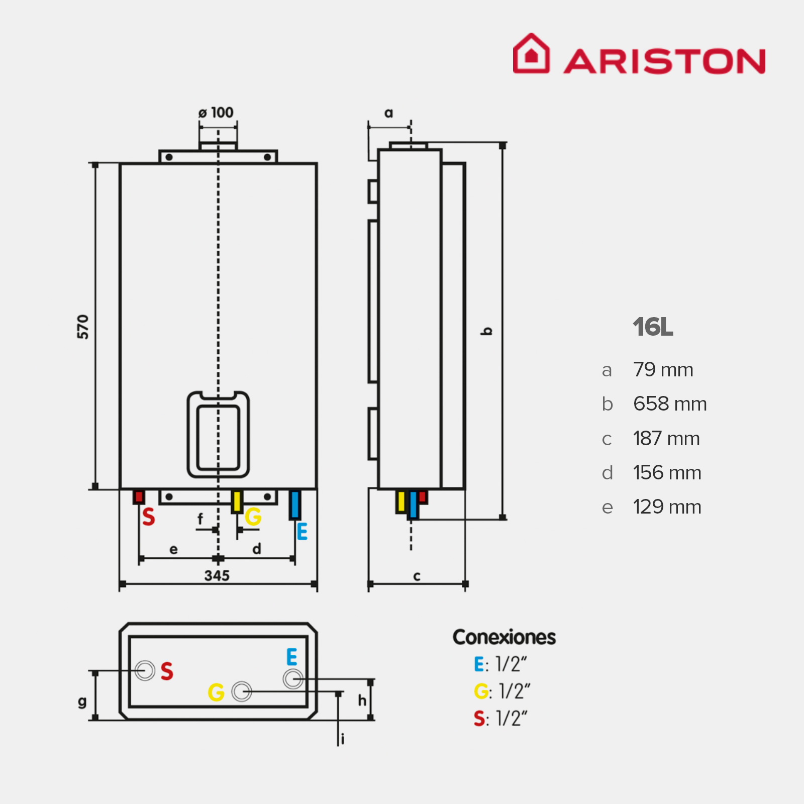 Diagrama del calentador de agua Ariston con dimensiones y etiquetas. Fondo blanco.