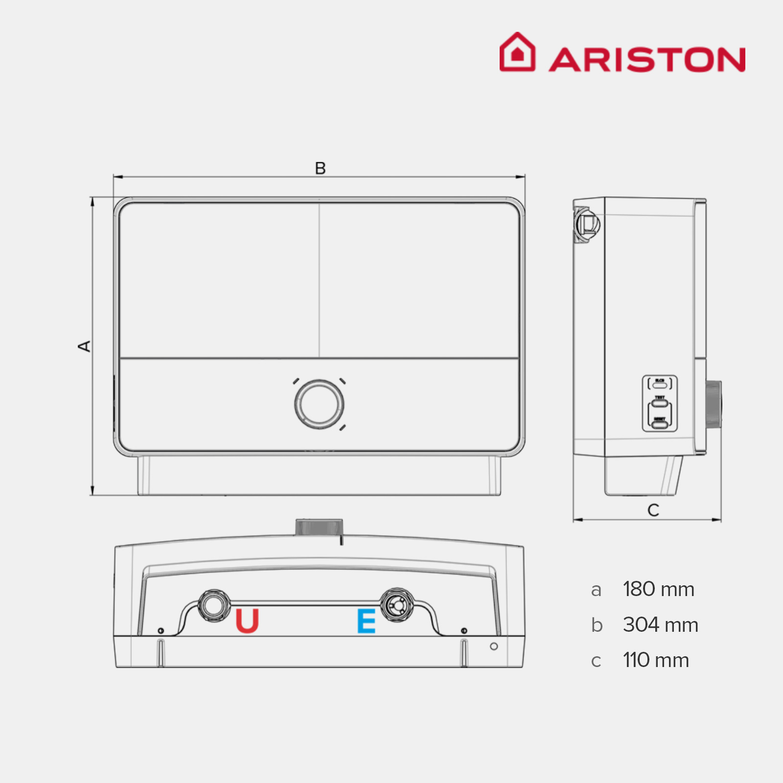 Un dibujo técnico de un calentador de agua rectangular con medidas etiquetadas y el logotipo de Ariston.