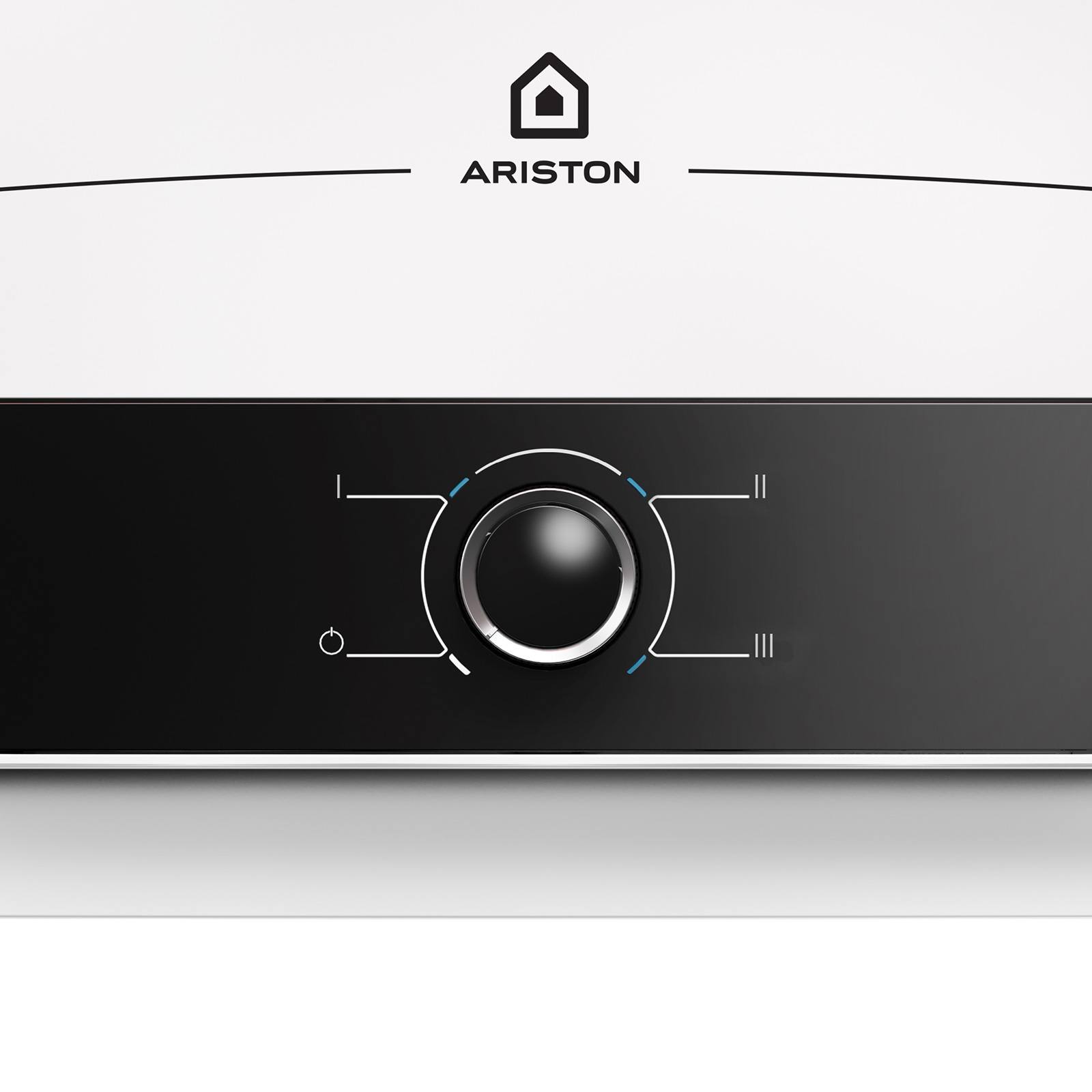 Primer plano de un panel de control negro con un dial circular y el logo Ariston.