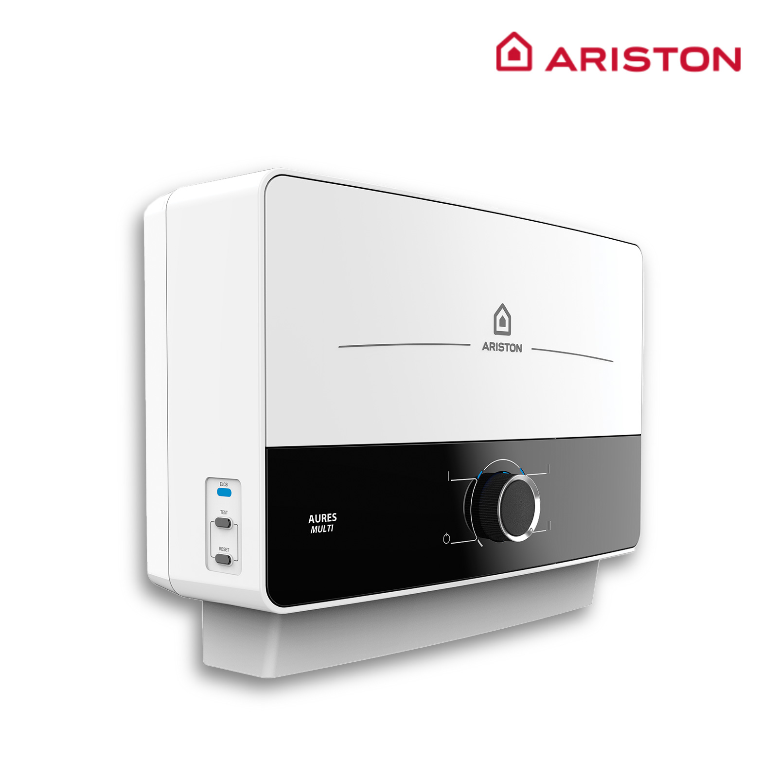 Calentador de agua Ariston blanco y negro. Tiene un panel de control con una perilla y botones. El logotipo está arriba.