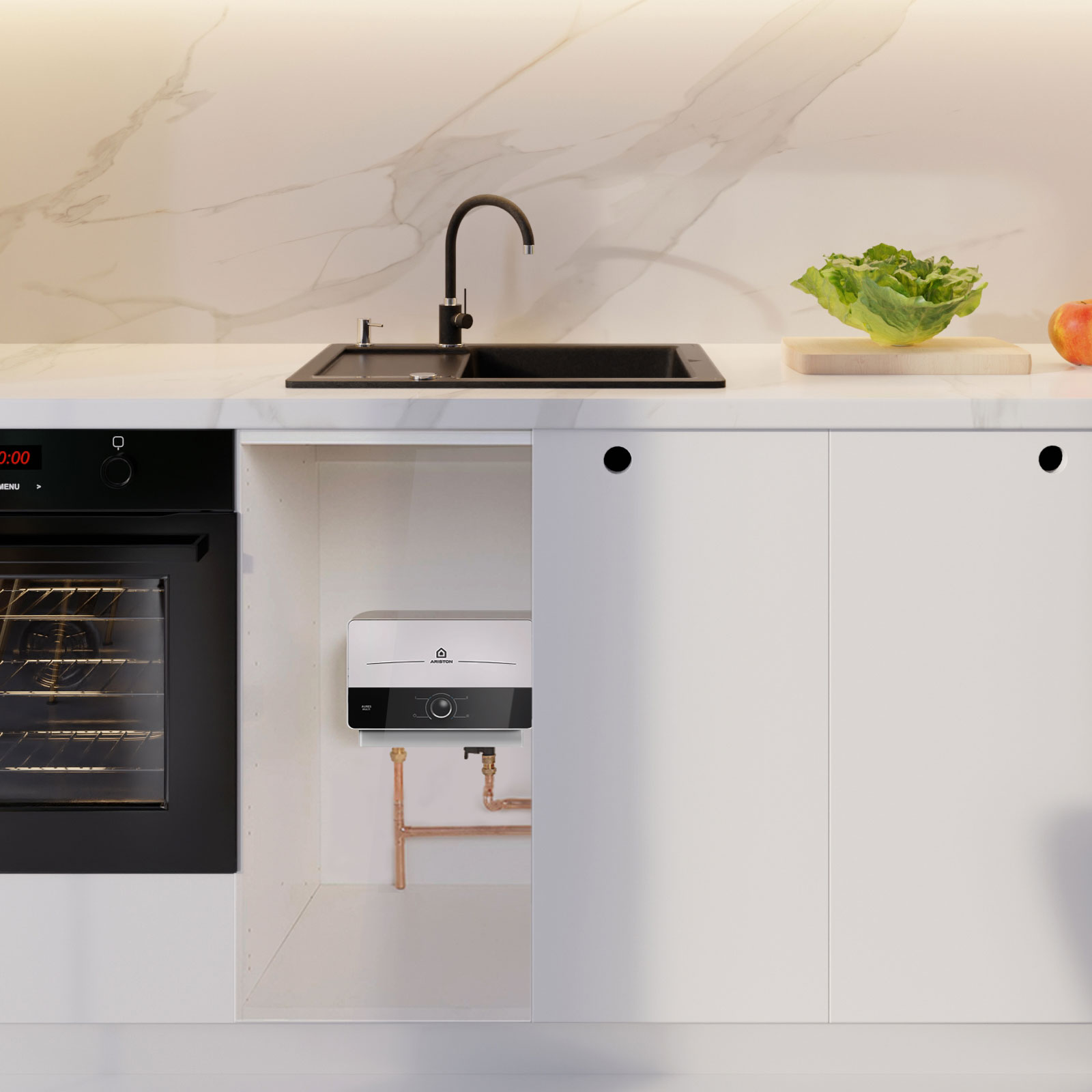 Escena de cocina con horno empotrado, fregadero y termo debajo del fregadero.