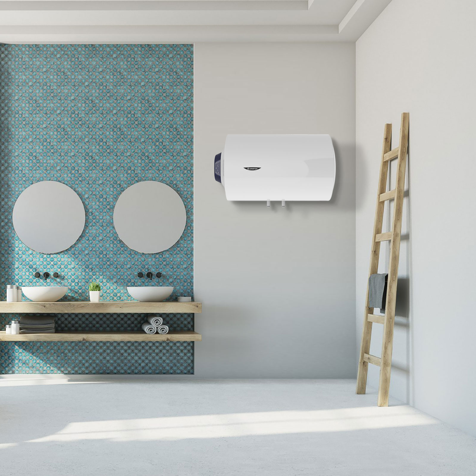 Un baño moderno con un calentador de agua blanco montado en la pared. Dos espejos y una escalera.