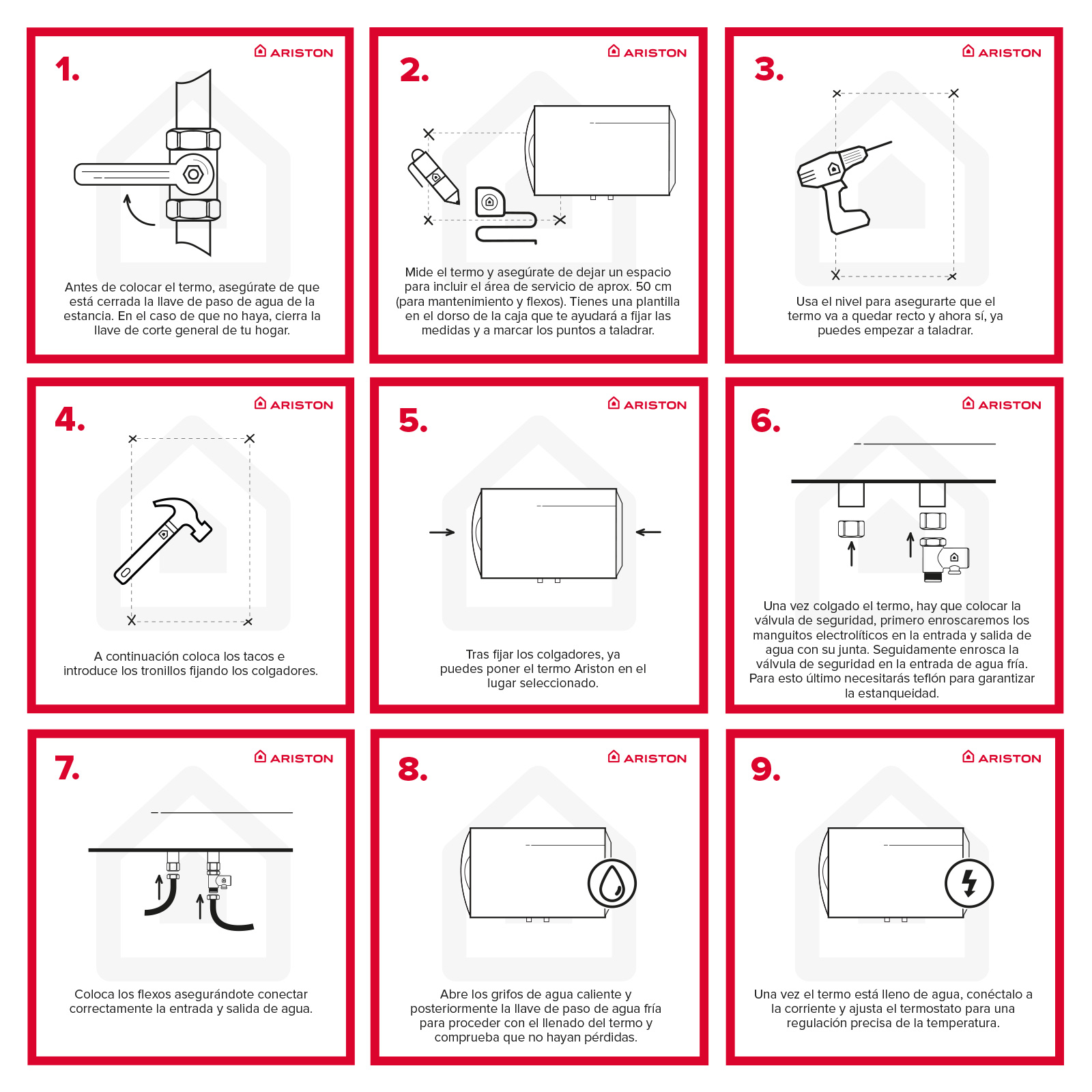 Nueve instrucciones de instalación paso a paso con diagramas de un dispositivo que se está instalando.