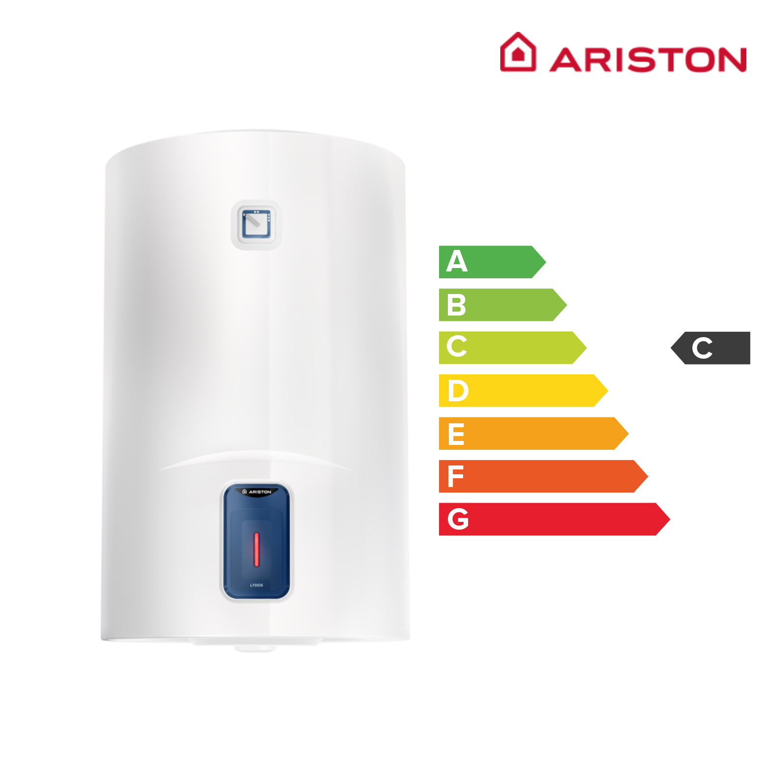Calentador de agua blanco con etiqueta de eficiencia energética. Logotipo de la marca Ariston visible.